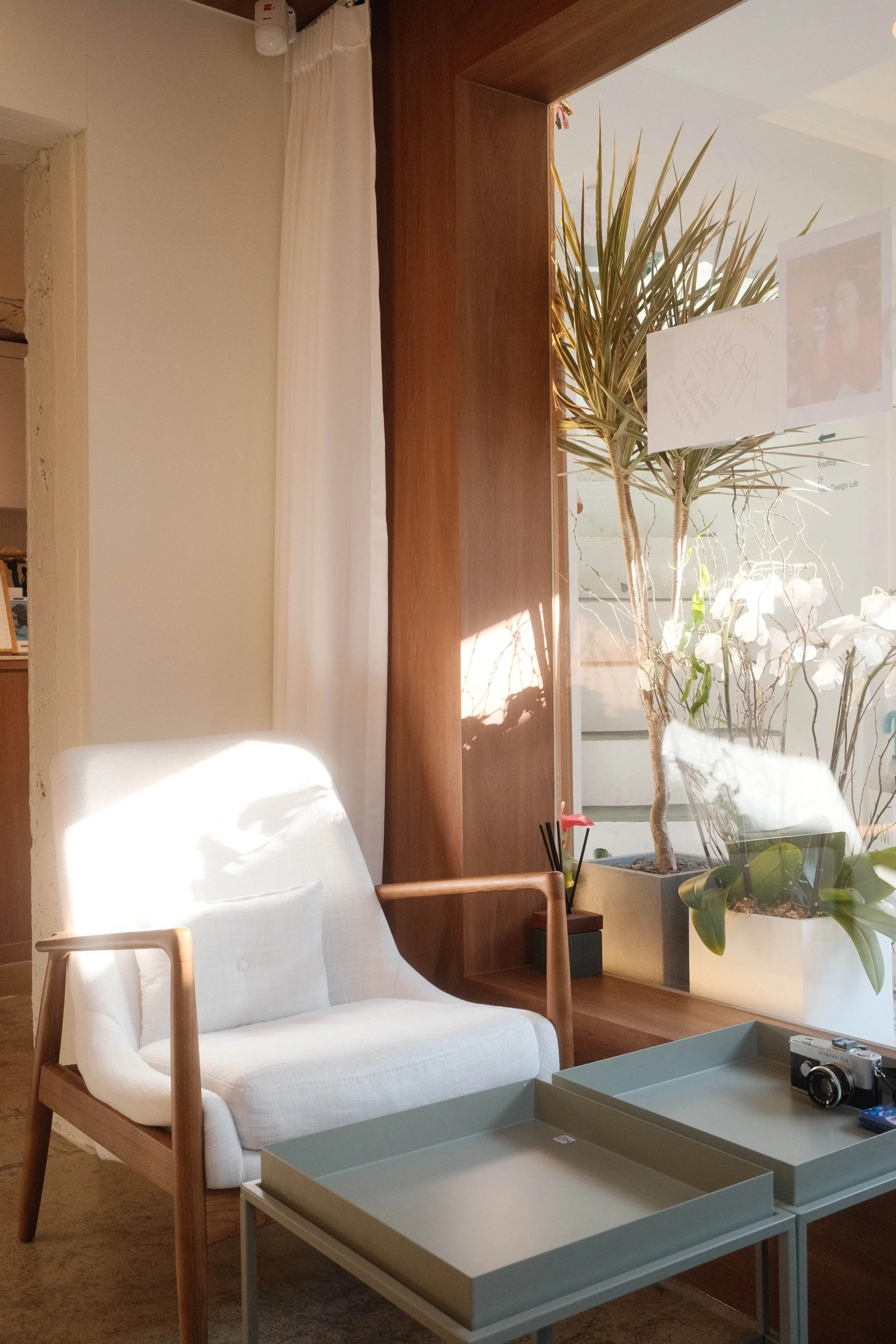 Bright indoor space at an Itaewon Cafe featuring a white armchair, a gray tray table, a large plant outside the window, and a wooden room divider with artwork.