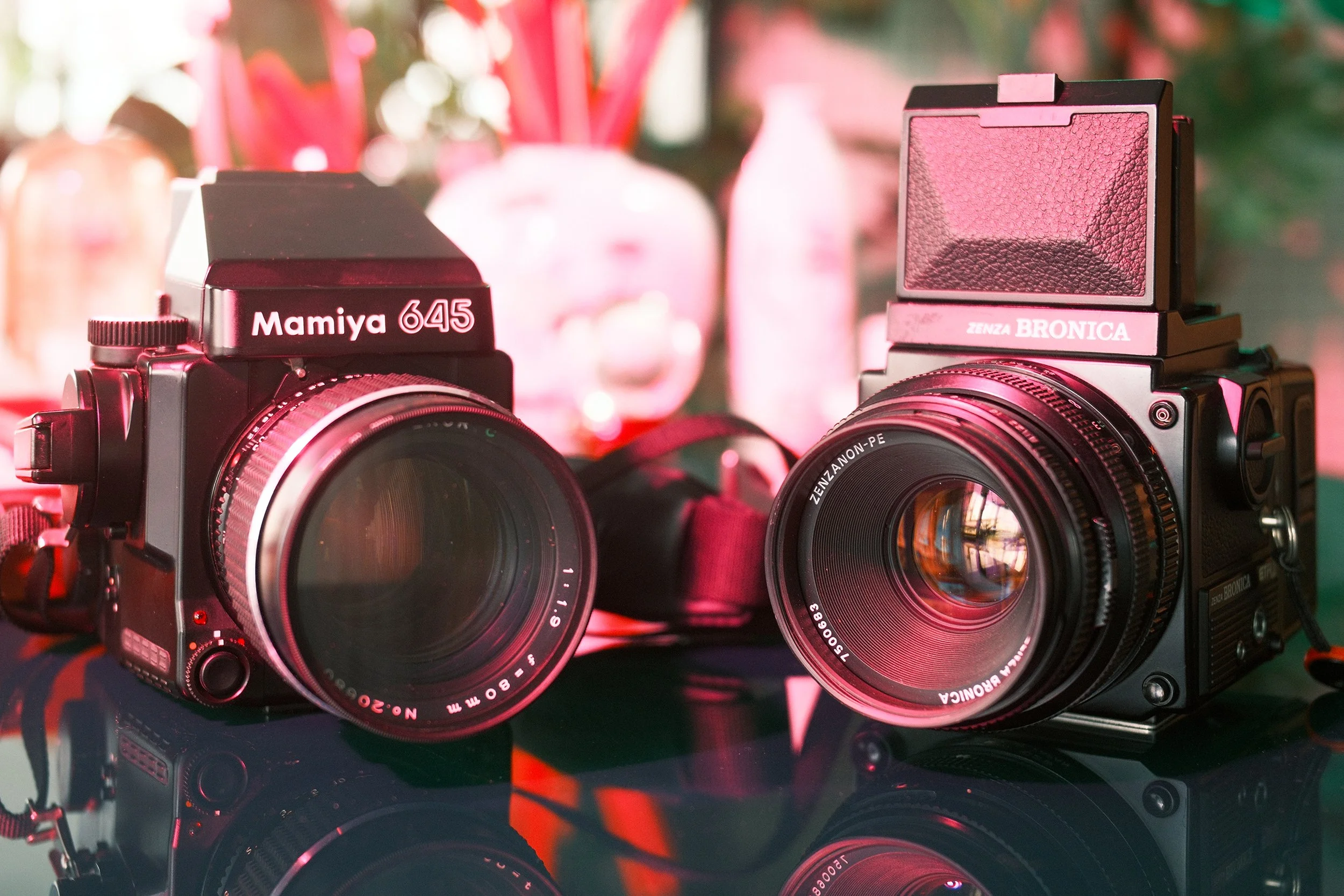 Mamiya 645 Super and Bronica ETRSi next to each other