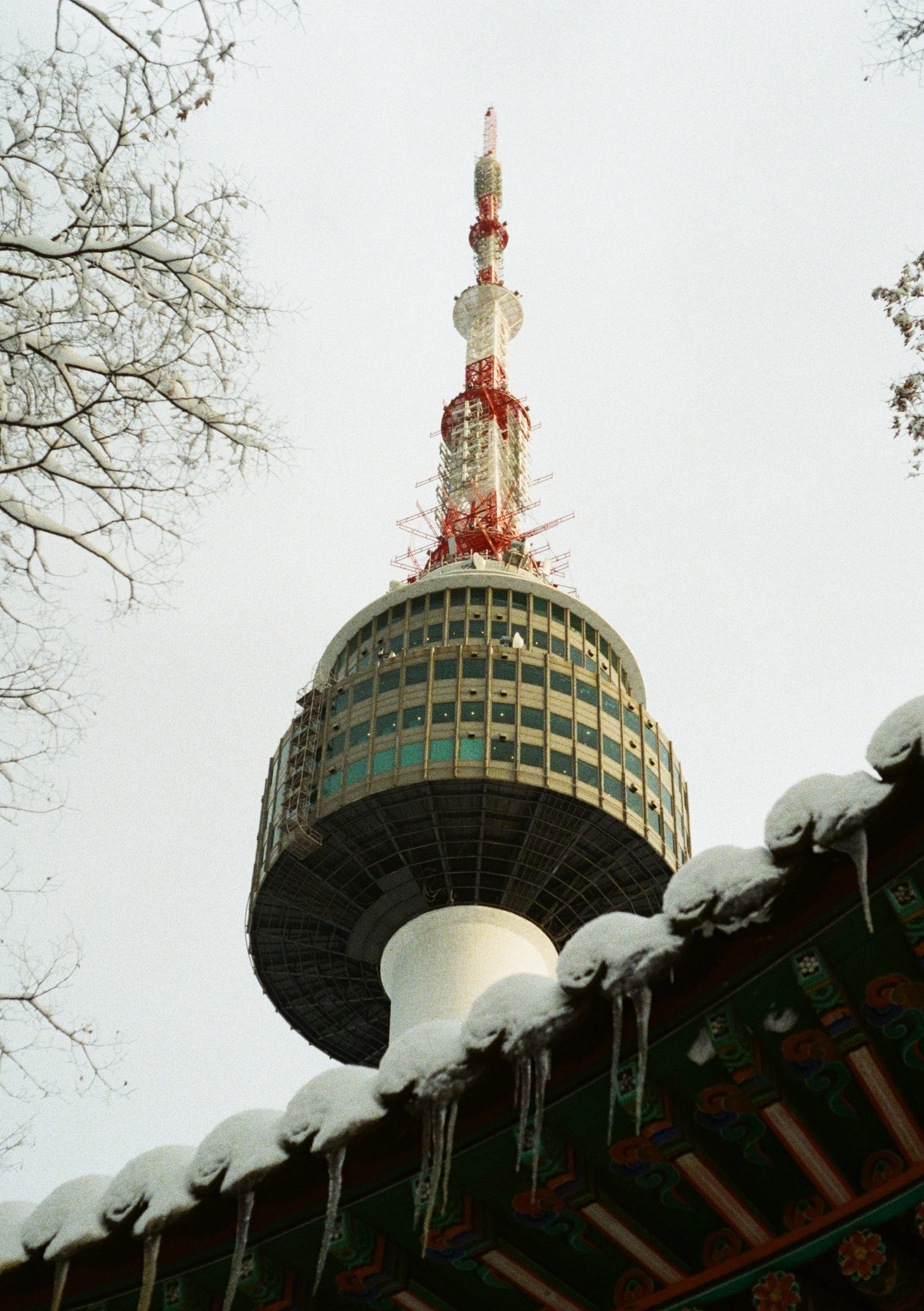 Tall communication tower with red and white sections, frosted trees, and snow-covered roof with icicles in the foreground.