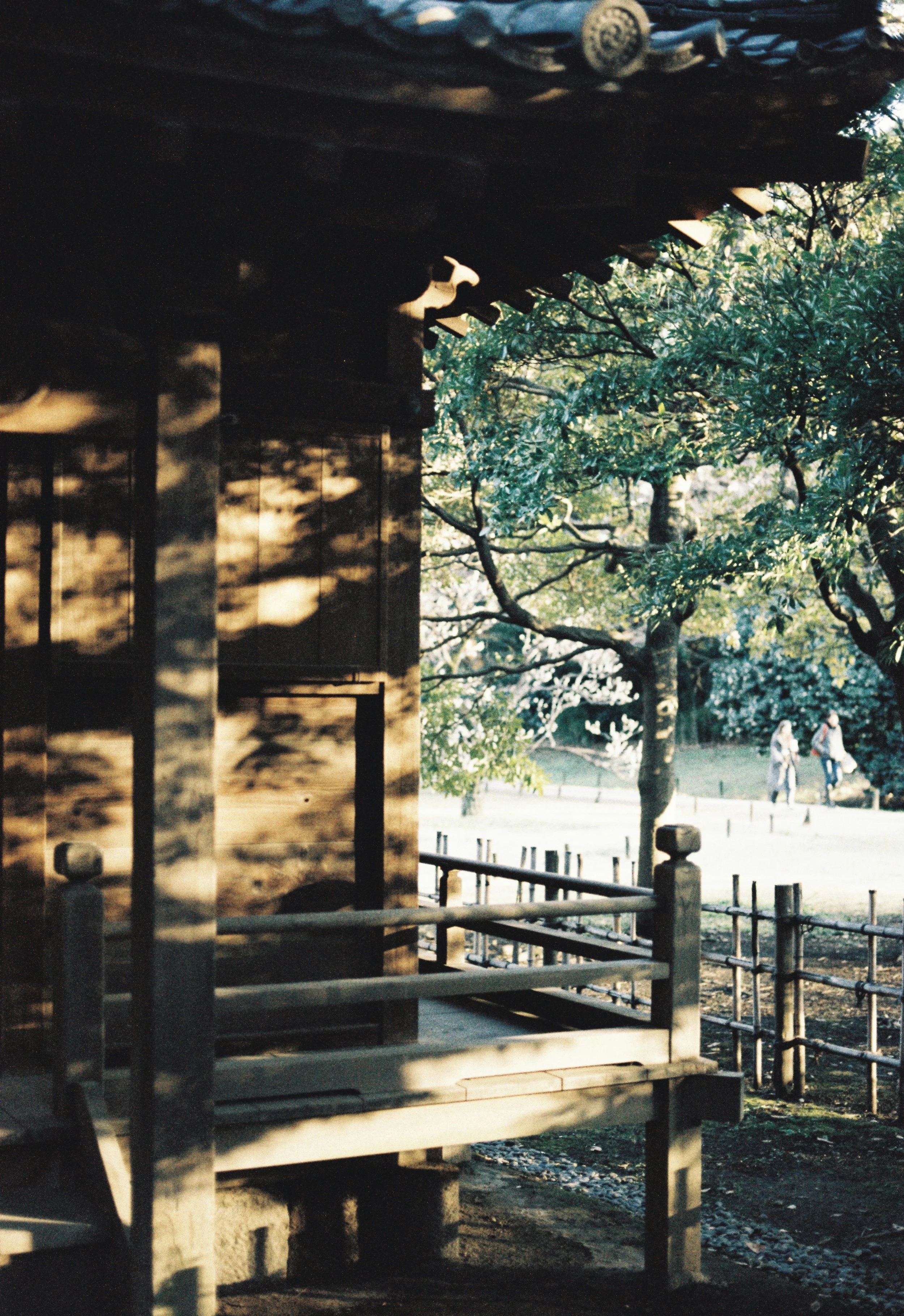 A film photo of a traditional wooden building with shadows cast by nearby trees in a local Tokyo Park. In the background, two Japanese people are walking in a park.