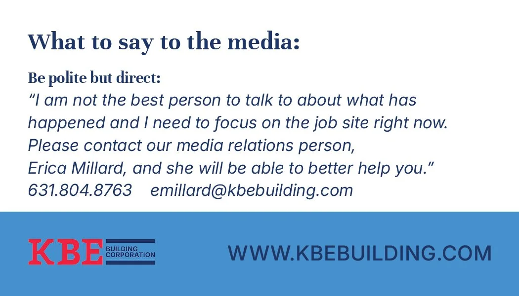 KBE Building Corporation Crisis Contact Card Front