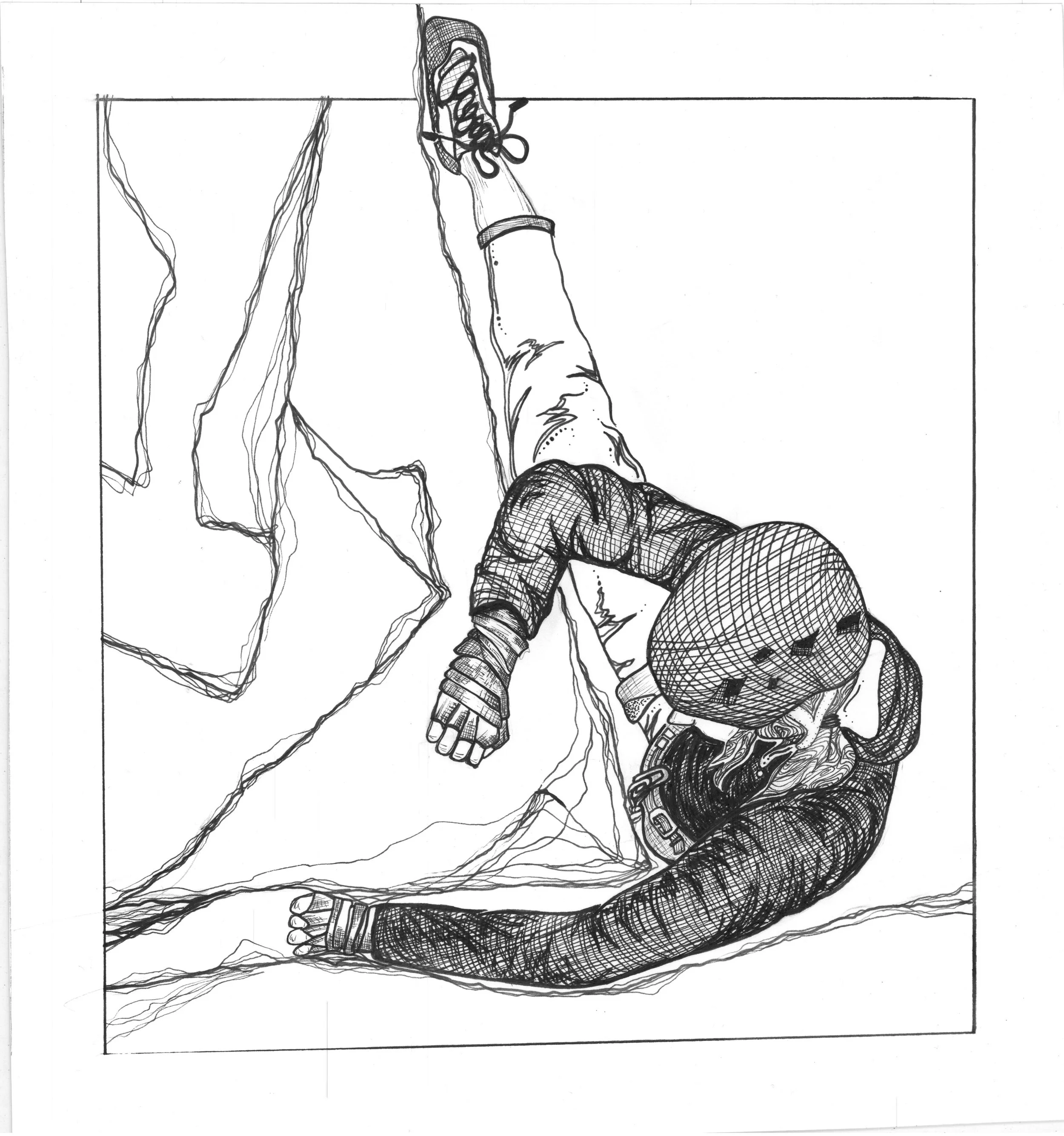 Line drawing of a person wearing a helmet and gloves, crawling on the ground and holding onto a large rock or wall for support.