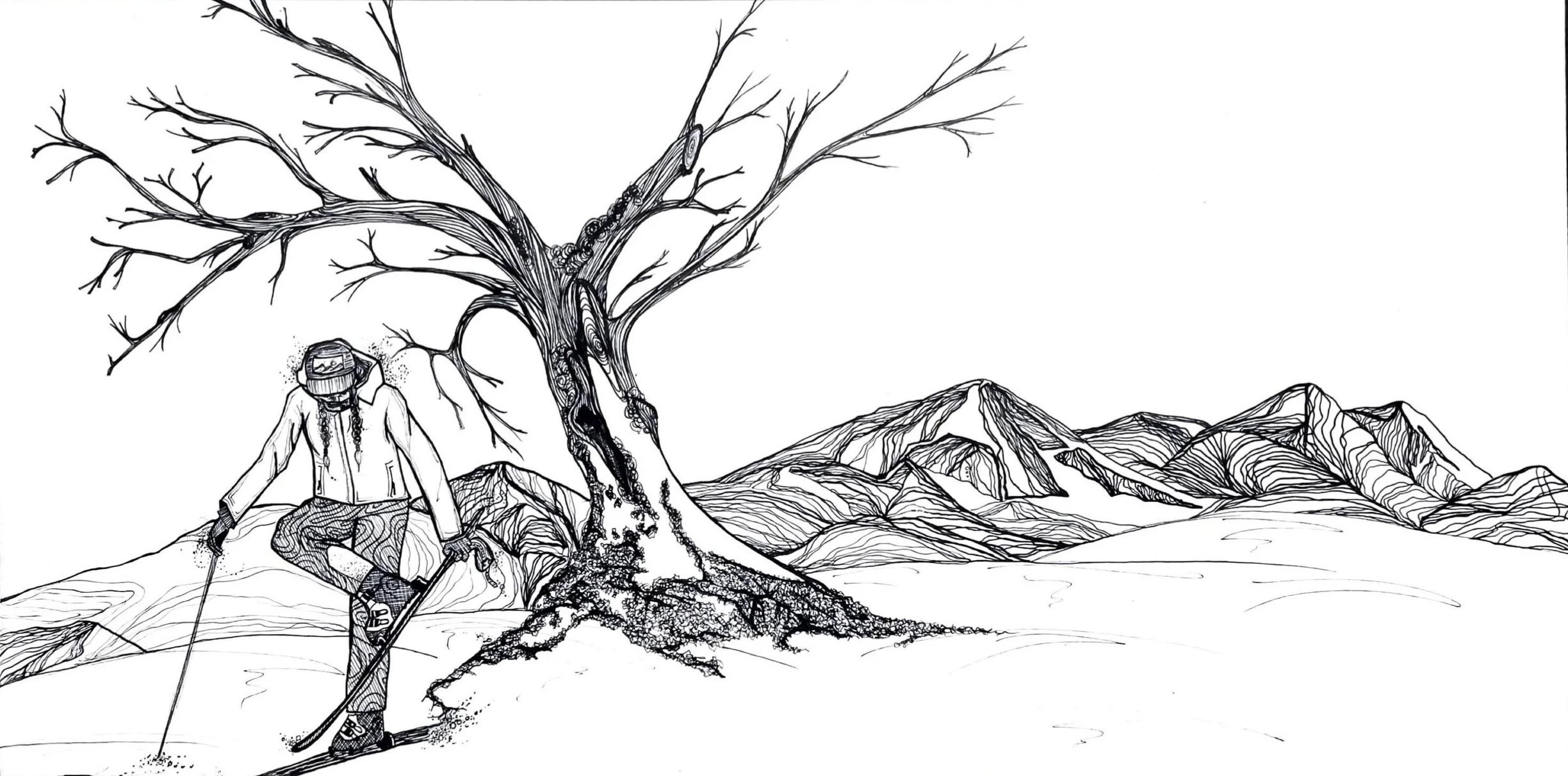 Black and white line drawing of a person skiing near a large, leafless tree and mountain range in the background.