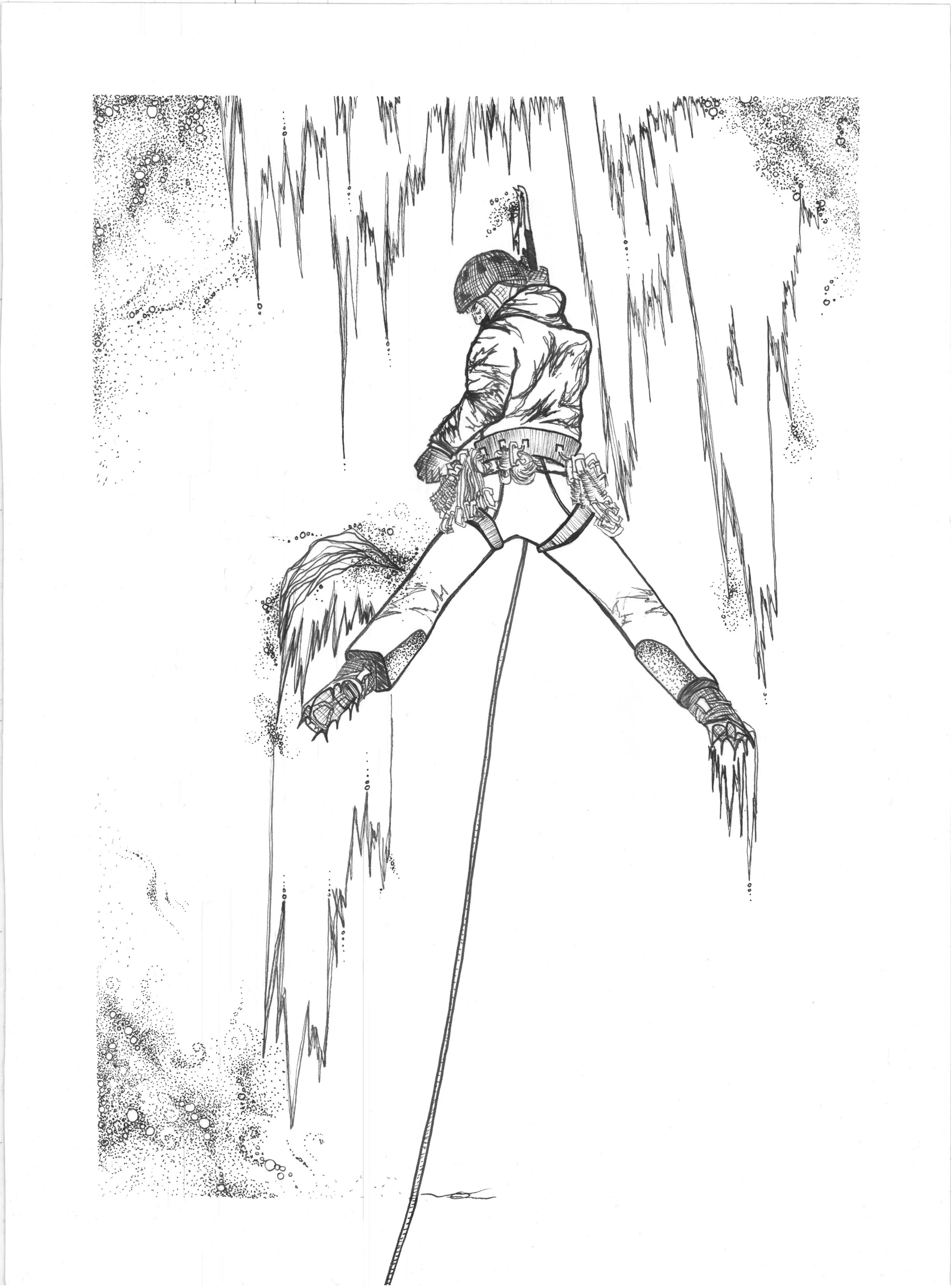 Line drawing of an ice climber ascending an ice wall with ice axes and crampons.