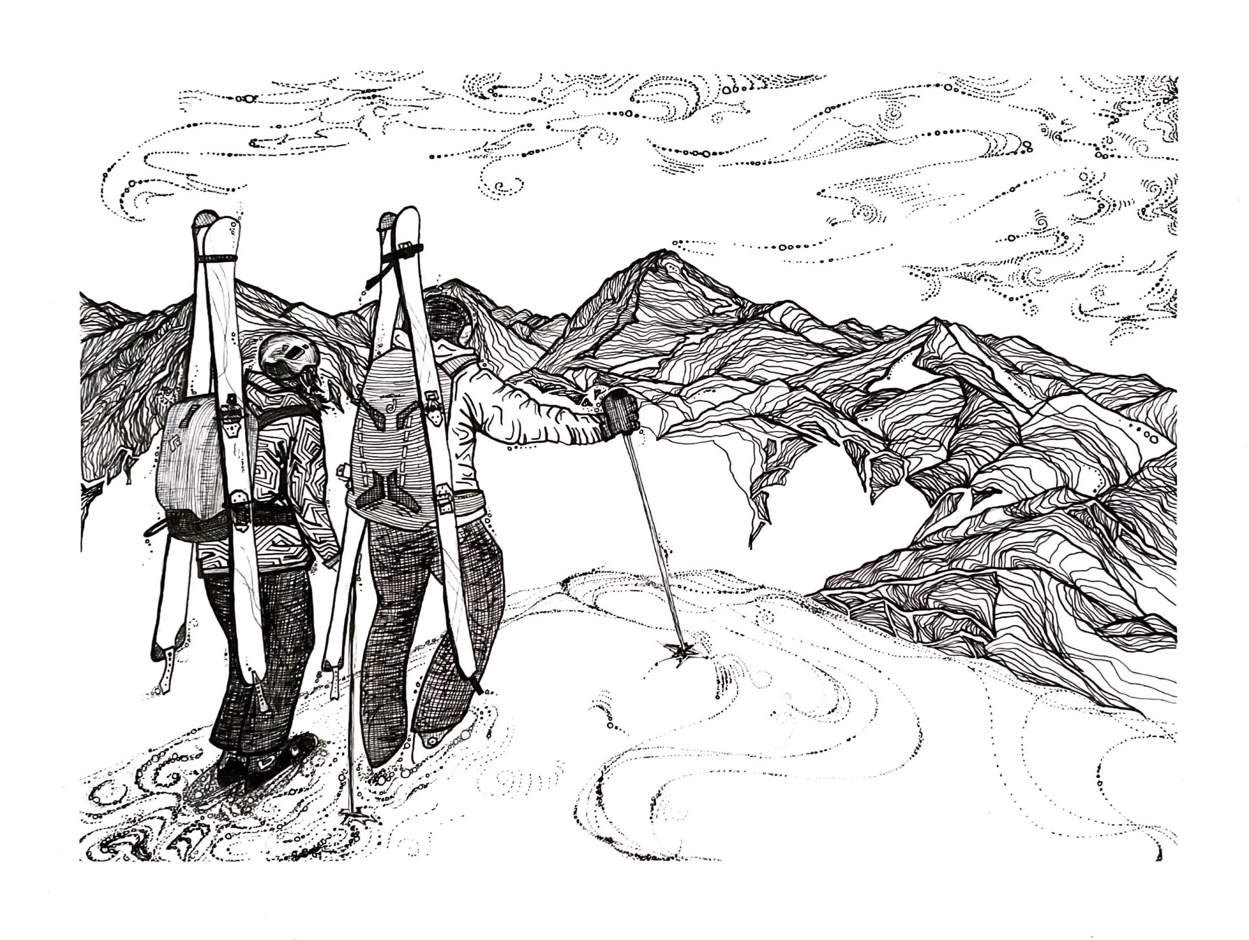 Line drawing of two skiers in snow-covered mountains under a cloudy sky.