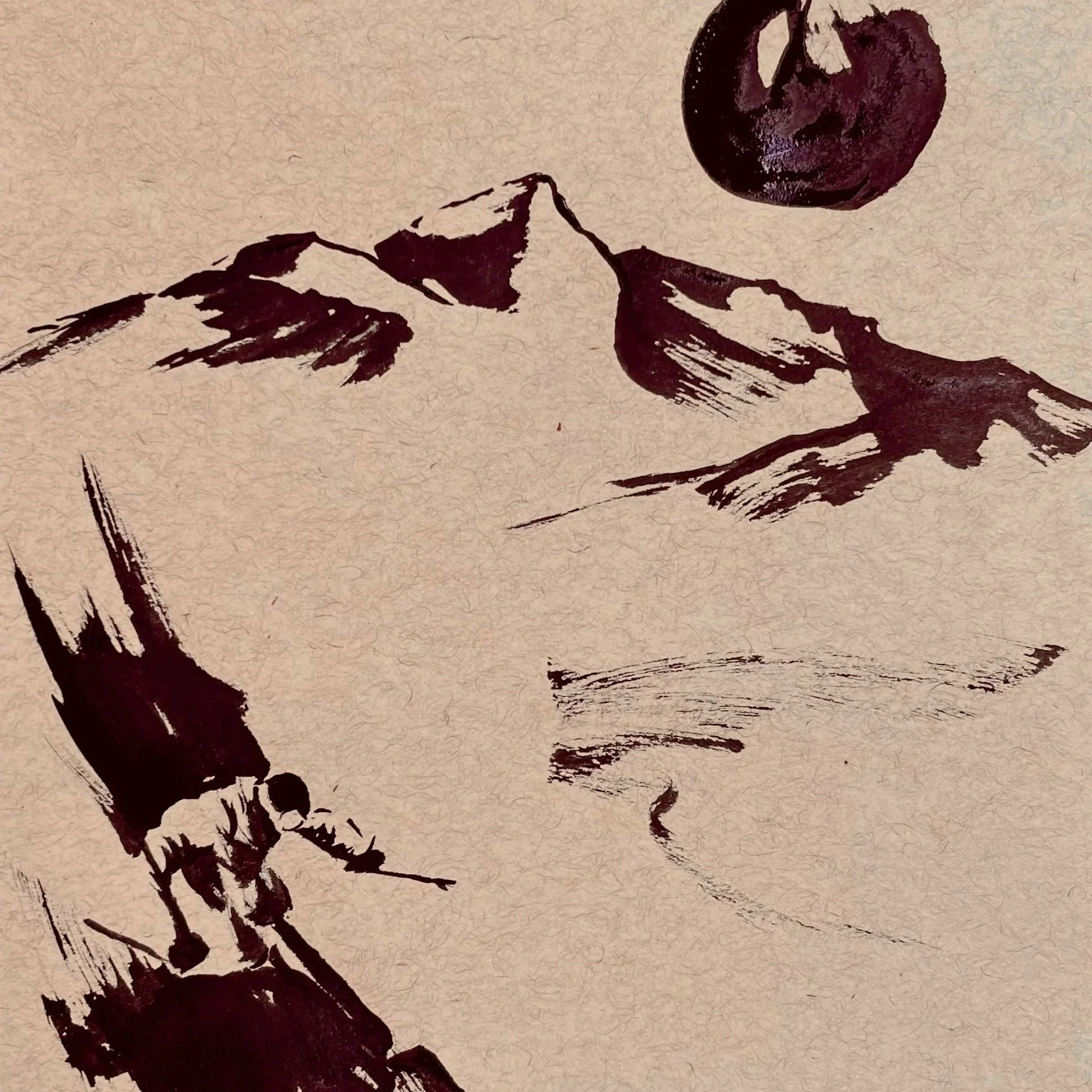 A traditional ink painting depicting a mountain landscape with a person walking along a path and a round sun or moon in the sky.