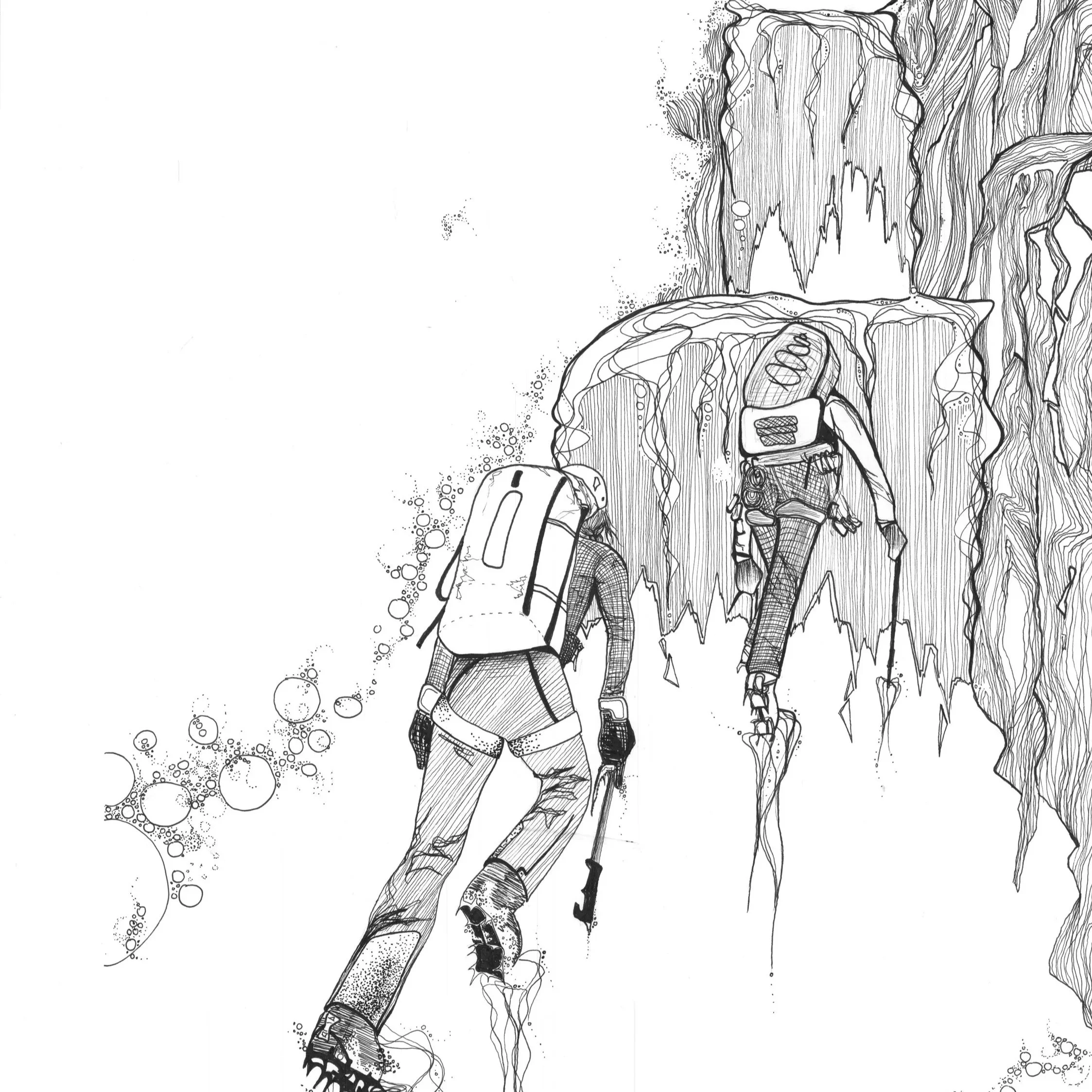 Line art drawing of a person climbing a waterfall with a backpack and a walking stick, surrounded by rocky cliffs.