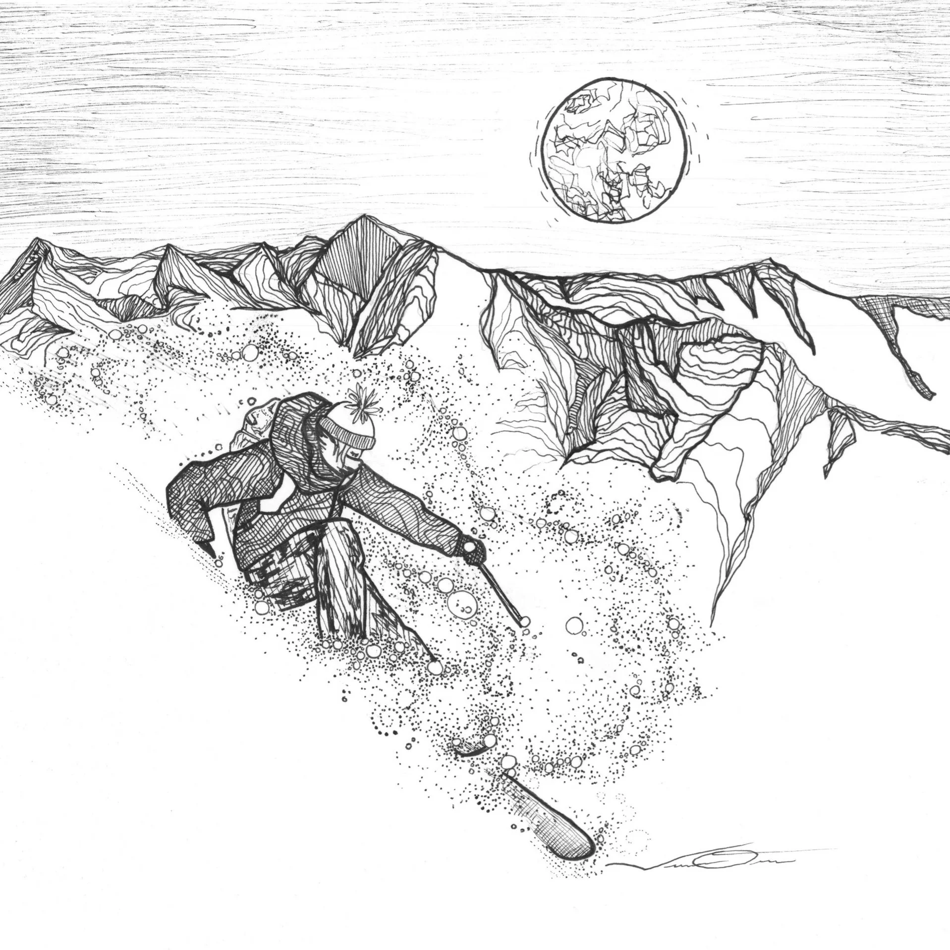 A black and white sketch of a skier descending a snowy mountain slope with rugged mountains and a moon in the sky.