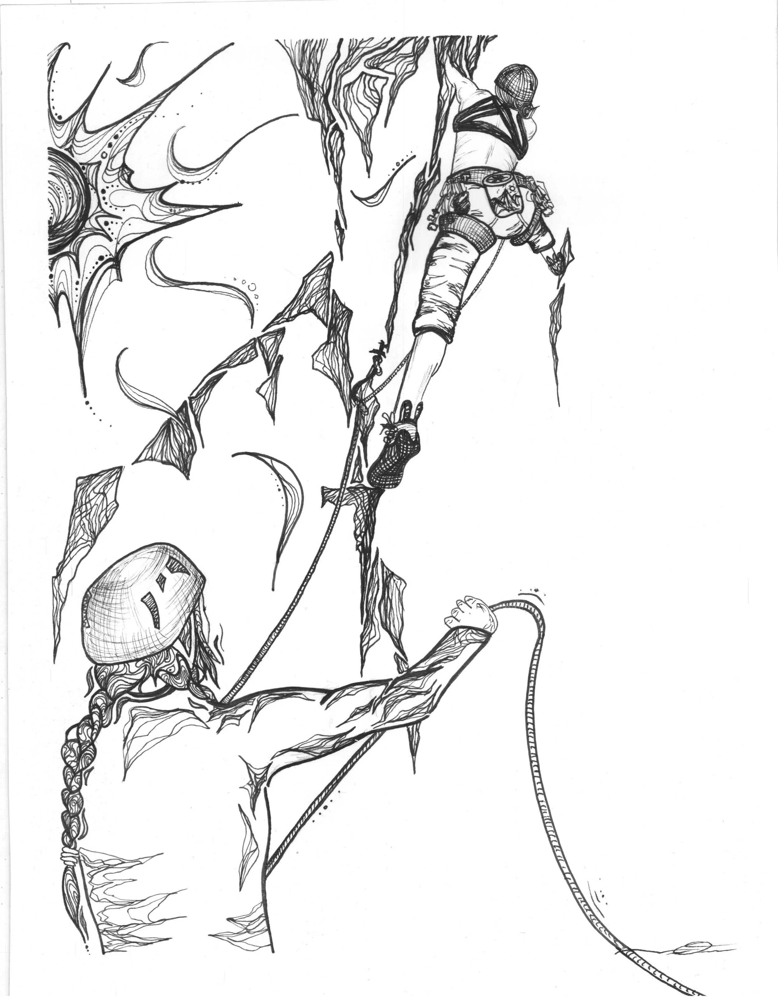 Black and white line drawing of two rock climbers ascending a cliff face. One climber is mid-ascent, secured with a harness and rope, while the other is belaying from below, holding the rope.