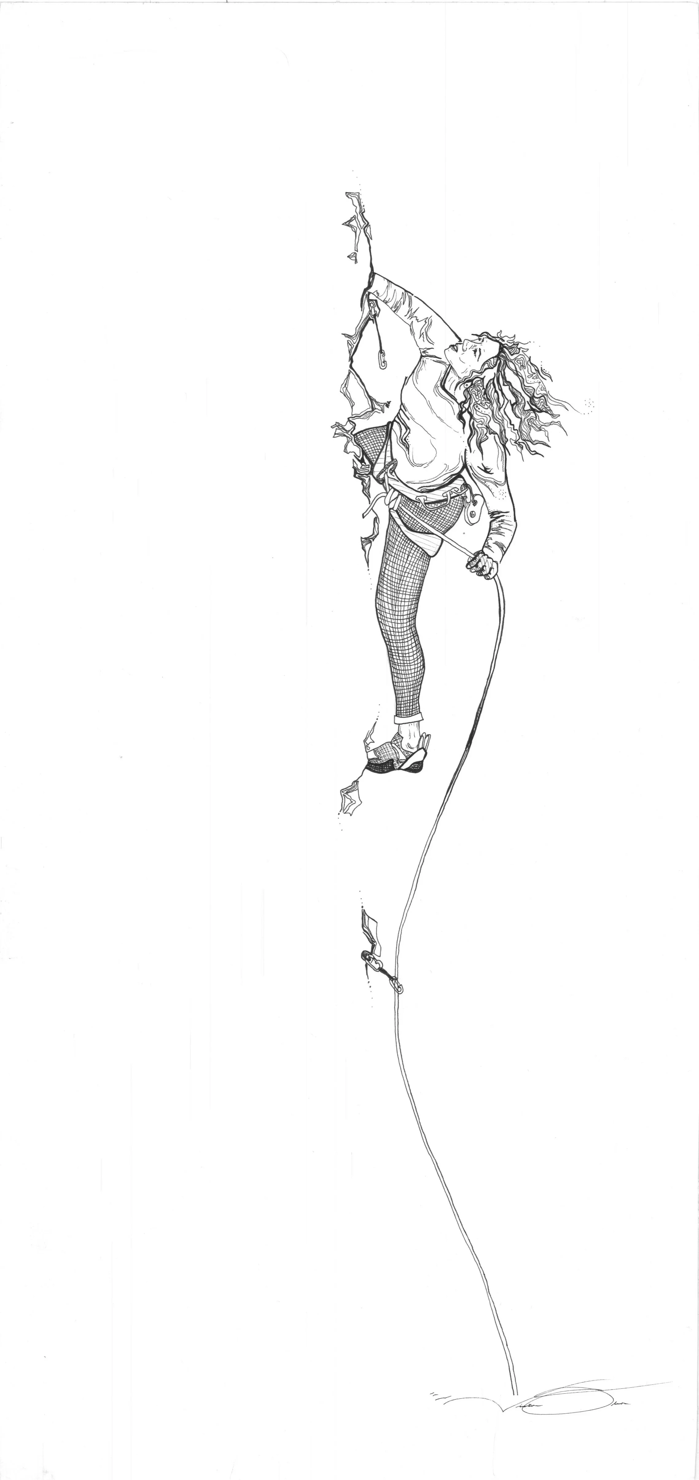 Line drawing of a woman rock climbing on an indoor wall, holding onto a climbing hold with one hand and a climbing rope with the other, wearing climbing gear and casual clothing.