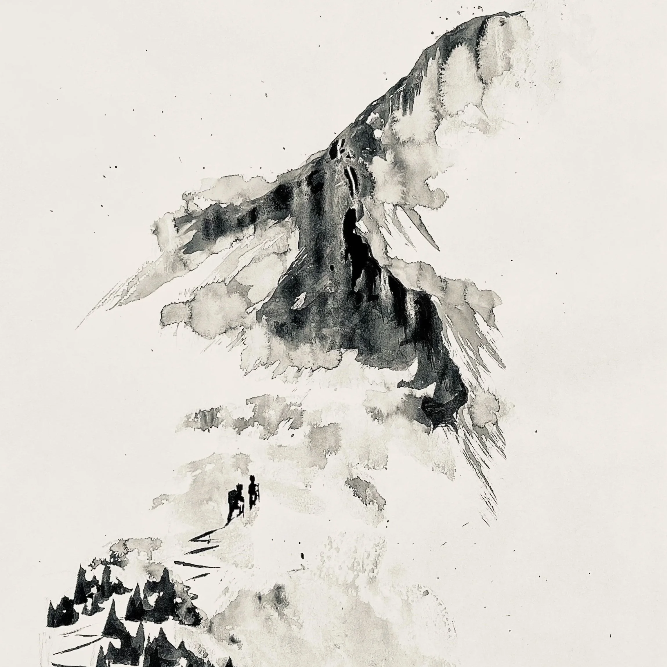 A black and white watercolor painting of a mountain with a steep peak, featuring two hikers with backpacks walking along a trail in the foreground.