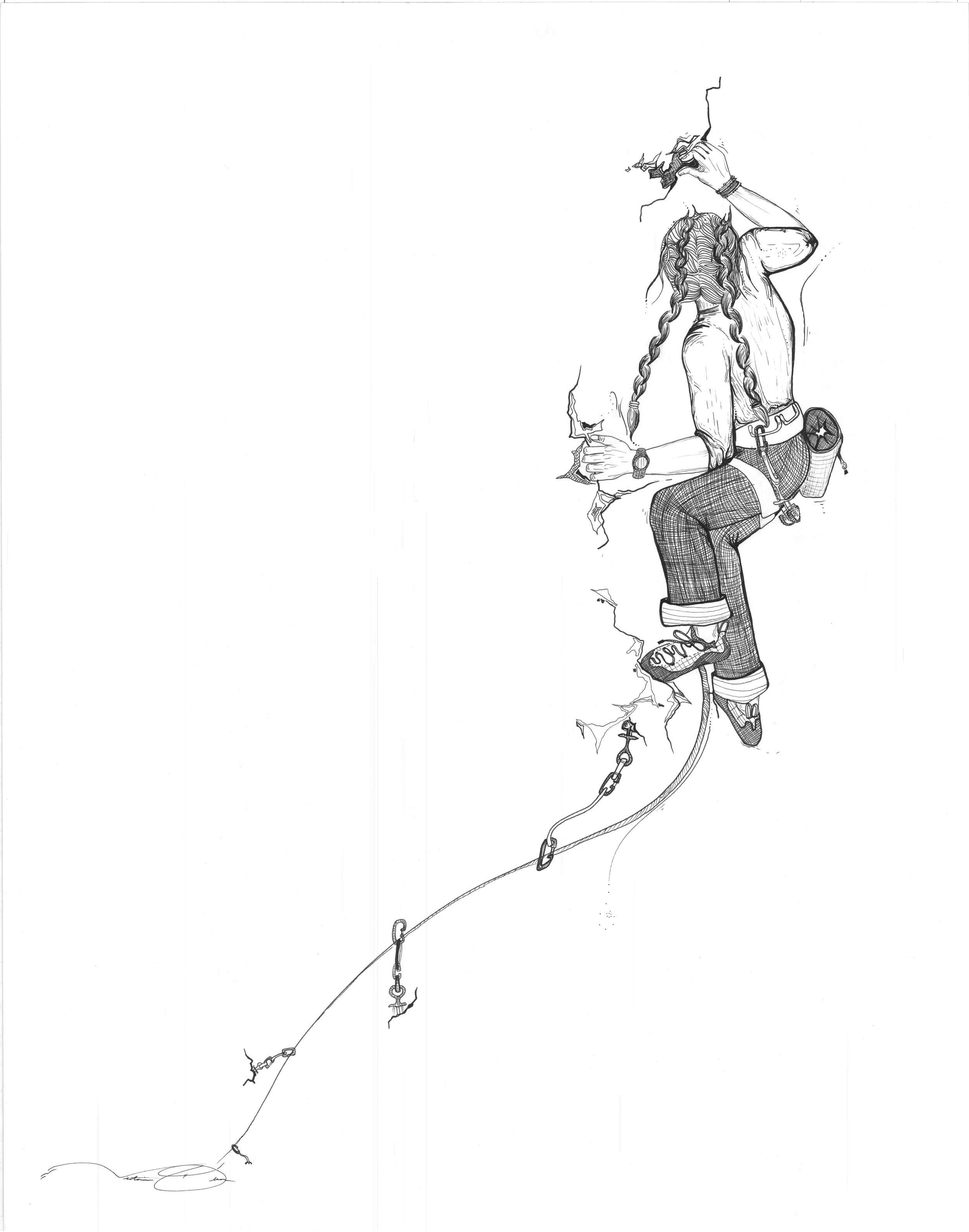 A detailed line drawing of a woman with long braided hair, wearing hiking or climbing gear, sitting on a ledge and smoking a cigarette.