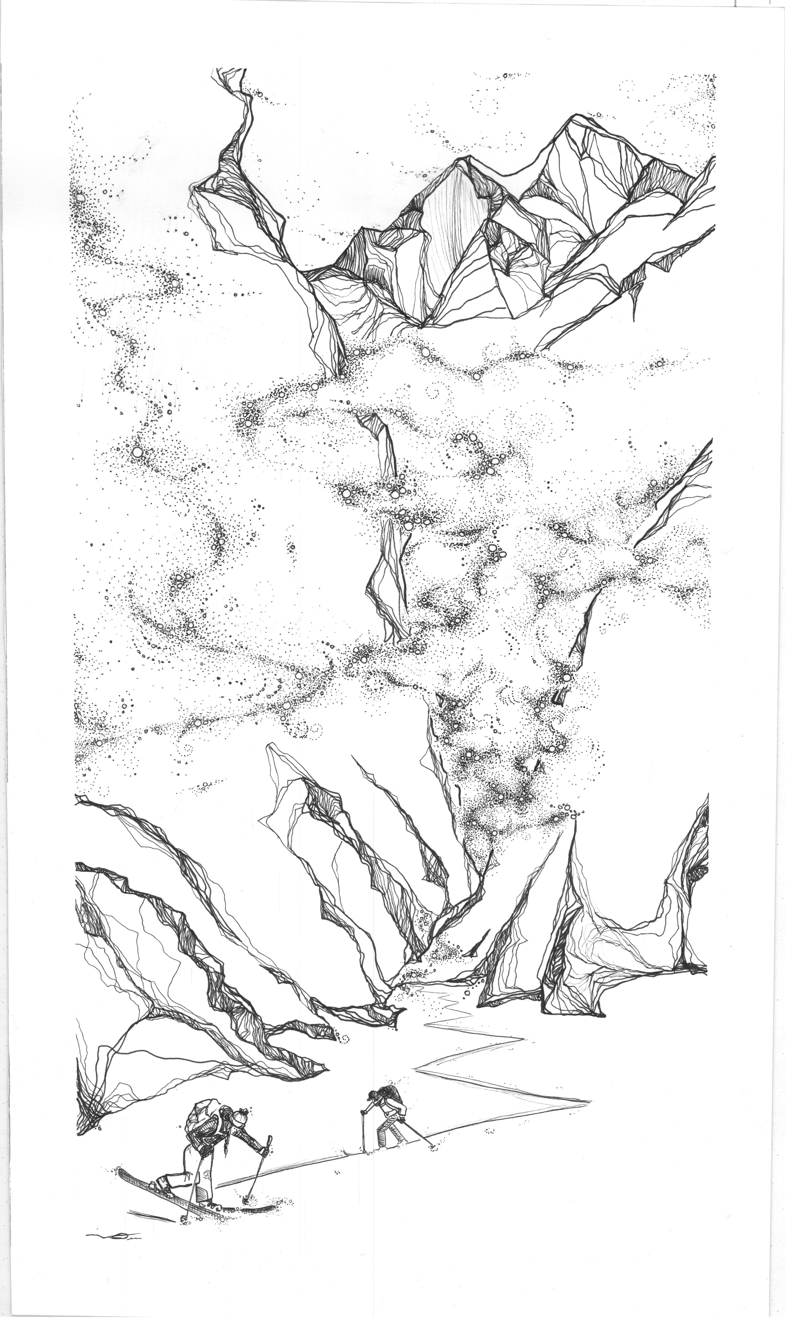 Black and white sketch of two skiers descending a mountain slope with detailed rocky peaks and clouds in the background.