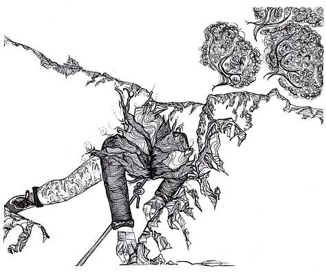 A person climbing or hanging from a fractured or cracked surface, with trees and clouds in the background, depicted in a sketchy, artistic style.