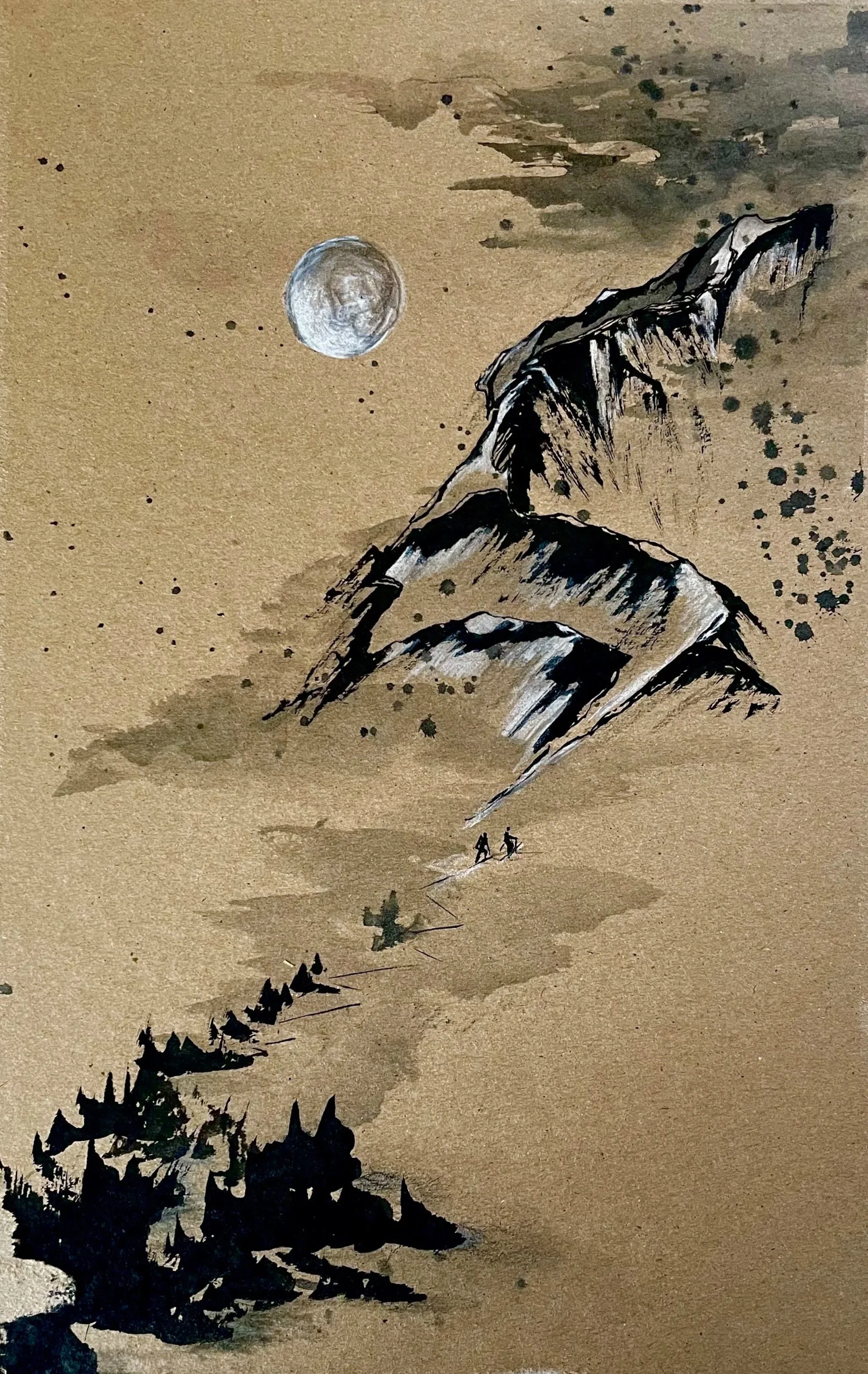 A mountainous landscape with a pathway leading up, two trekking figures, dark trees in the foreground, steep rocky slopes, and a full moon in cloudy night sky.