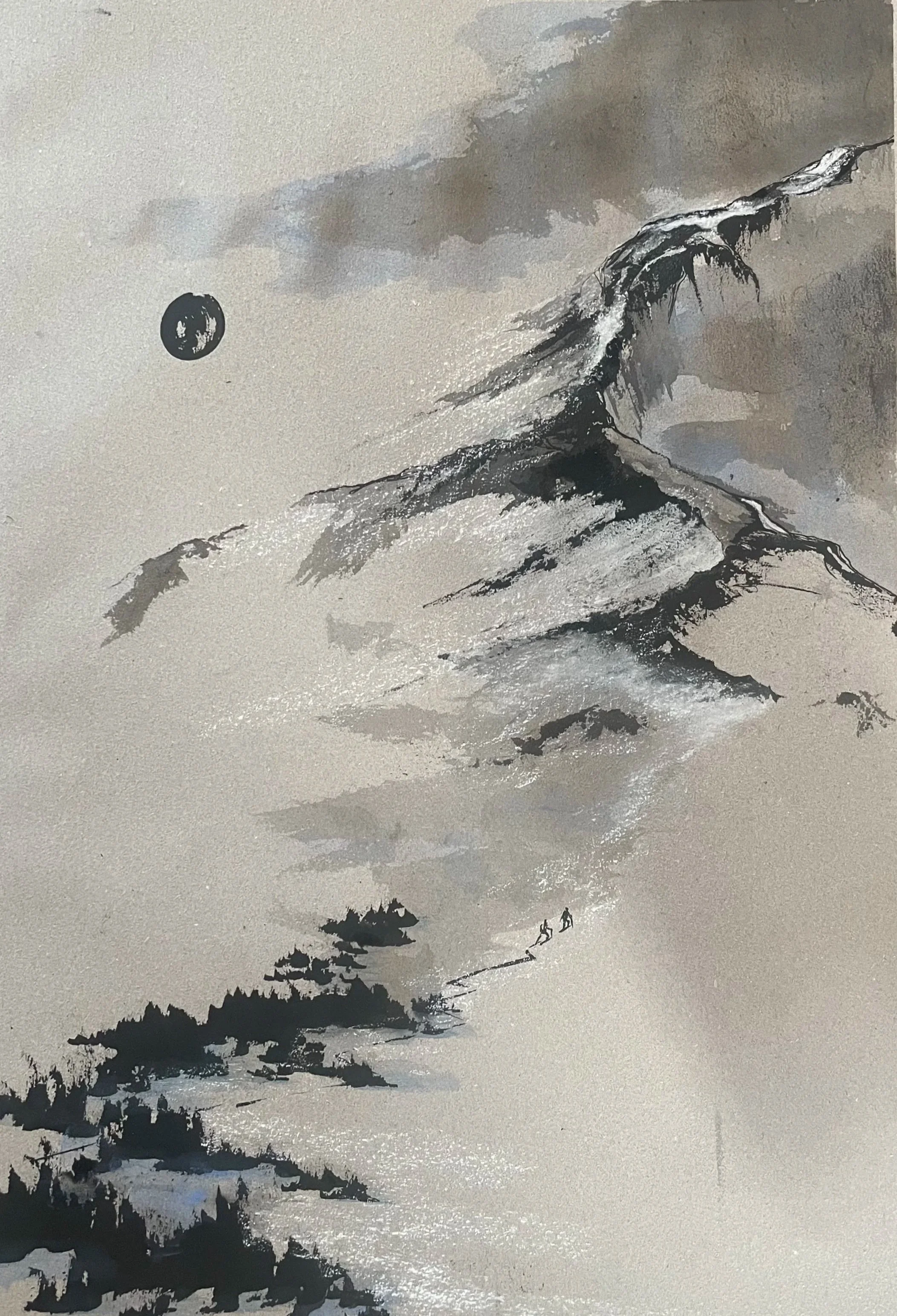 A surreal painting of a mountain landscape with snow-capped peaks, trees, and a person walking along a path. The sky is cloudy, and a large black moon is visible in the upper left corner.