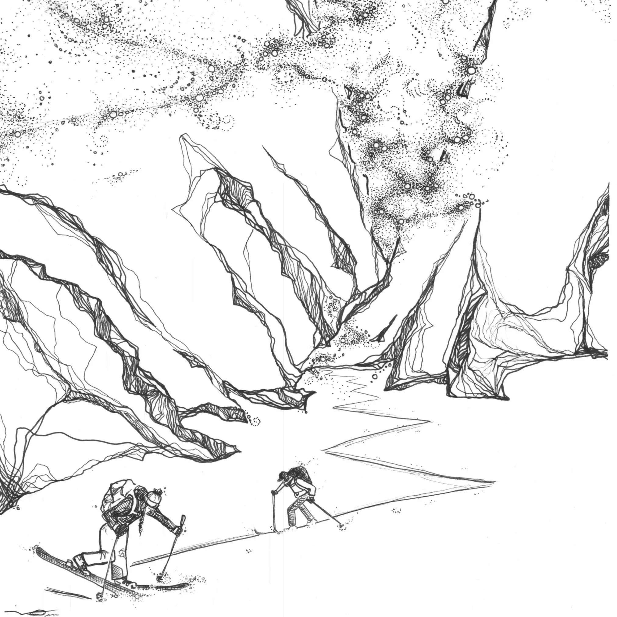 Line drawing of two people skiing downhill in a mountainous landscape with tall, jagged mountains and trees in the background.