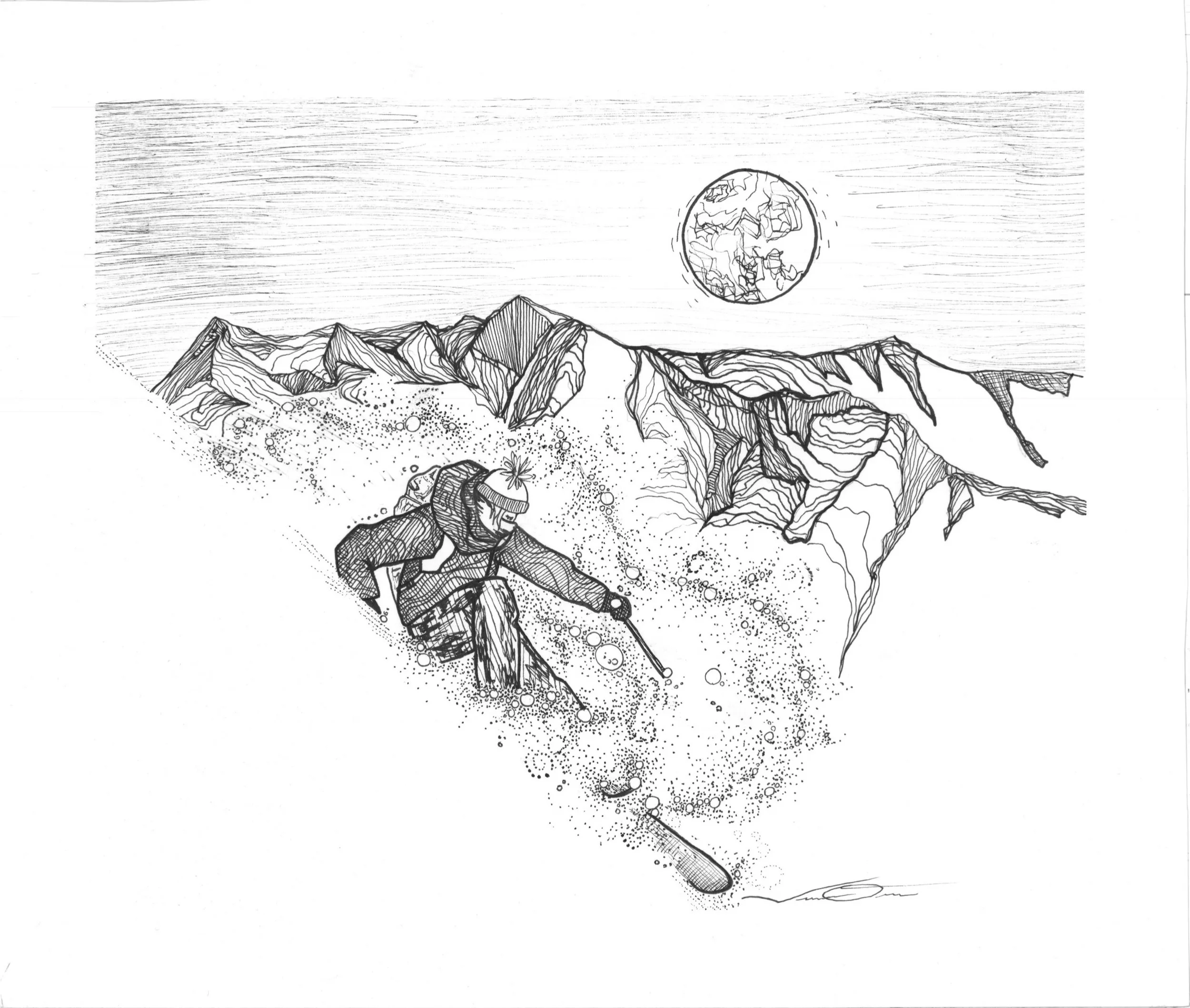 A line drawing depicts a skier in winter gear descending a snowy mountain slope, with rugged mountain peaks in the background and a large, textured planet in the sky.