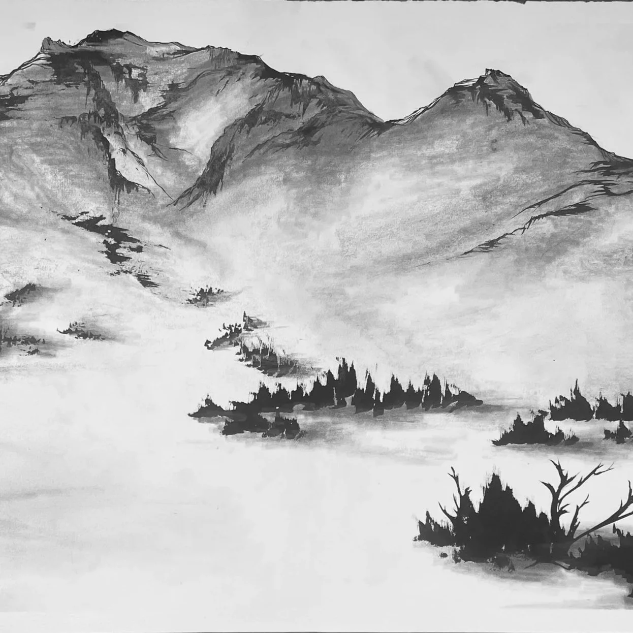 Traditional Chinese ink wash painting of mountains and lakes in black and white.