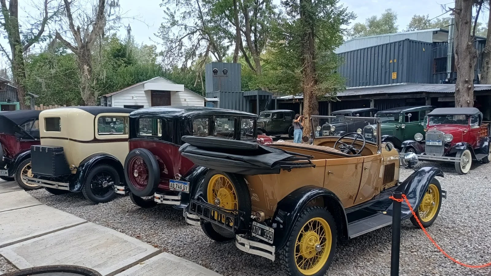 Autos clásicos en exhibición al aire libre, con varias unidades de diferentes colores y estilos, algunos con capotas retiradas, en un ambiente de parqueo con árboles y edificios en el fondo.