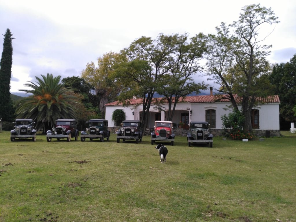 Casa colonial blanca con rosada tejas y árboles grandes en el frente, en un campo con césped y seis autos antiguos de diferentes colores, además de un perro en primer plano.