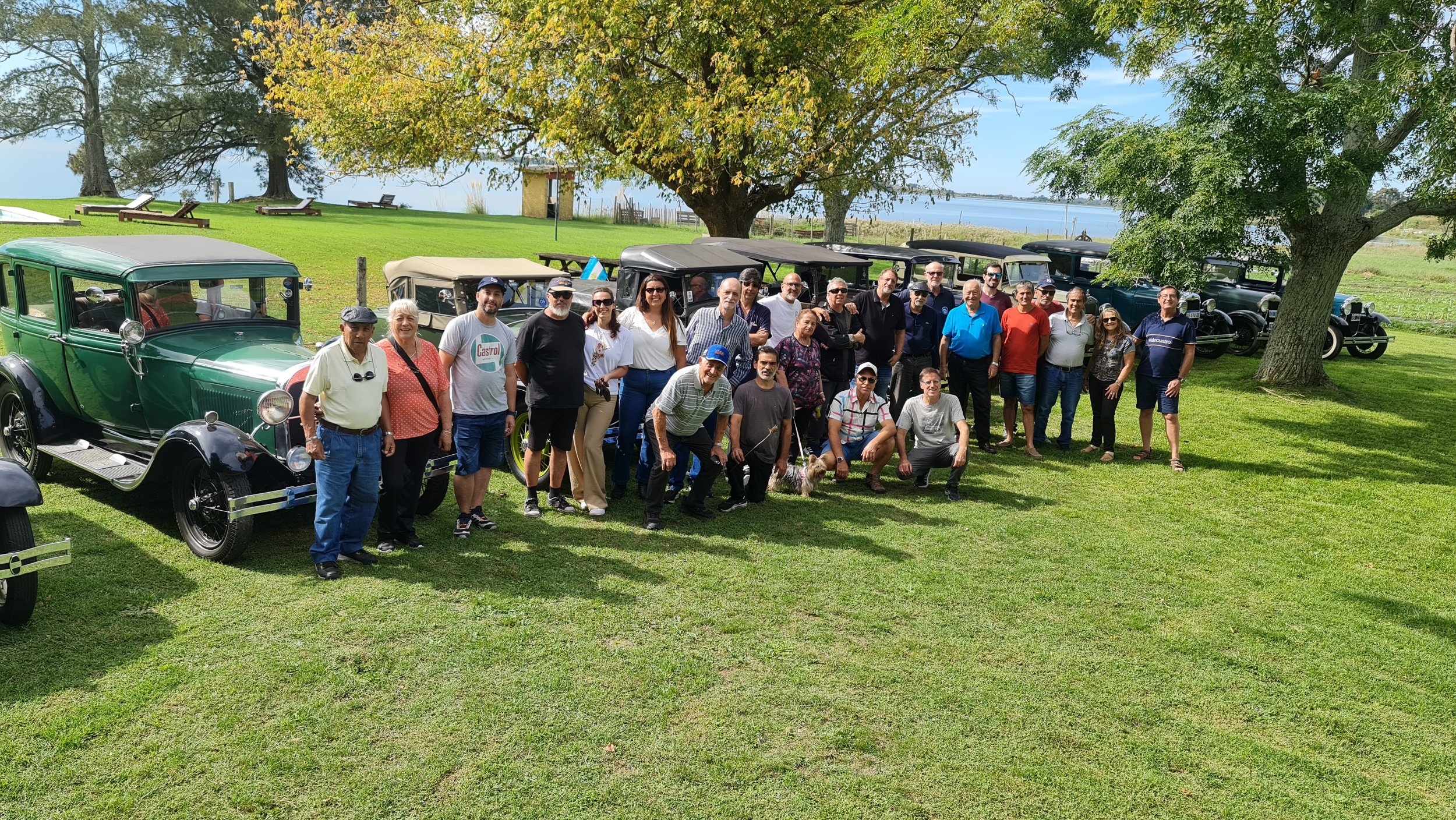 Grupo de personas en un picnic junto a autos clásicos en un parque con árboles grandes y vista al agua.