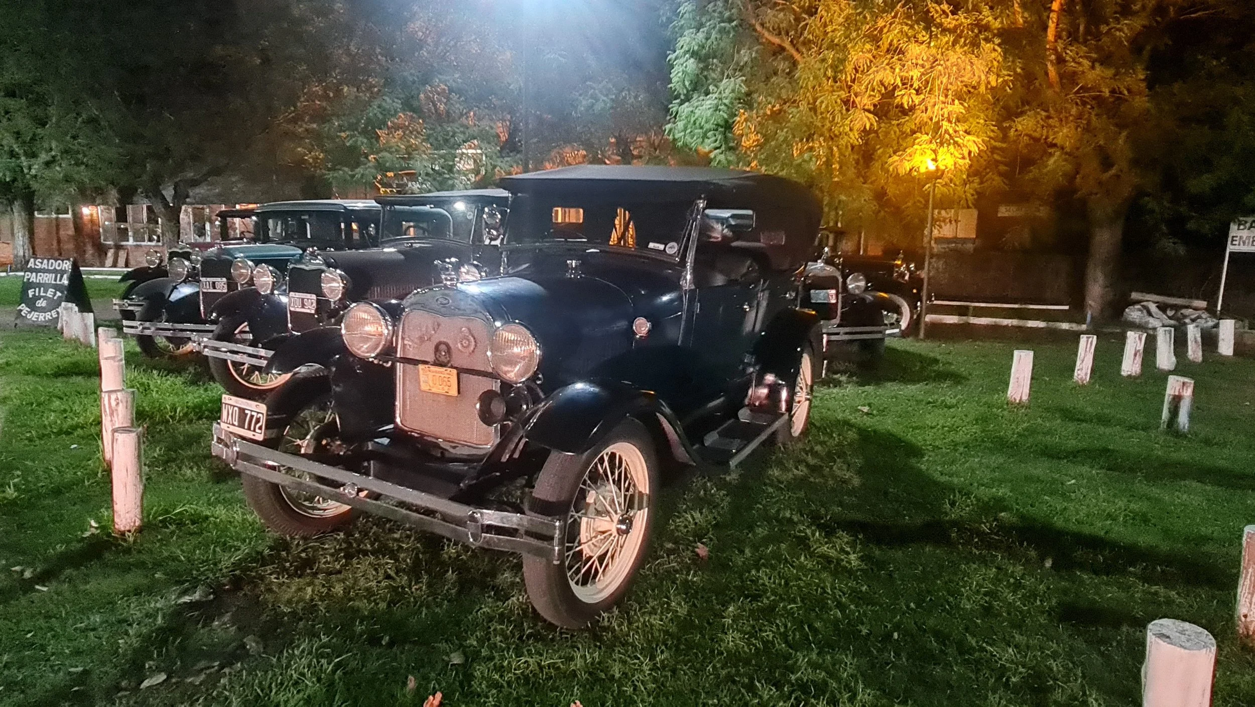Autos antiguos en exhibición en un parque con árboles y luz artificial nocturna.