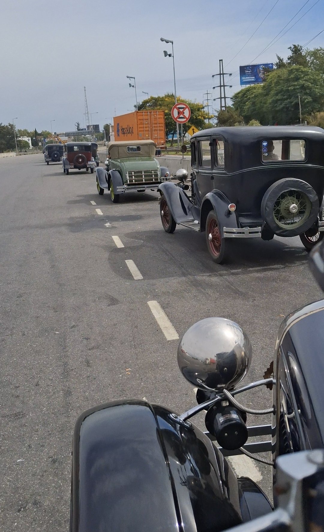 Fila de autos antiguos estacionados a un lado de la calle, con un letrero que prohíbe estacionarse en la vía. A la derecha se ve un grupo de árboles y un cartel publicitario en el fondo.