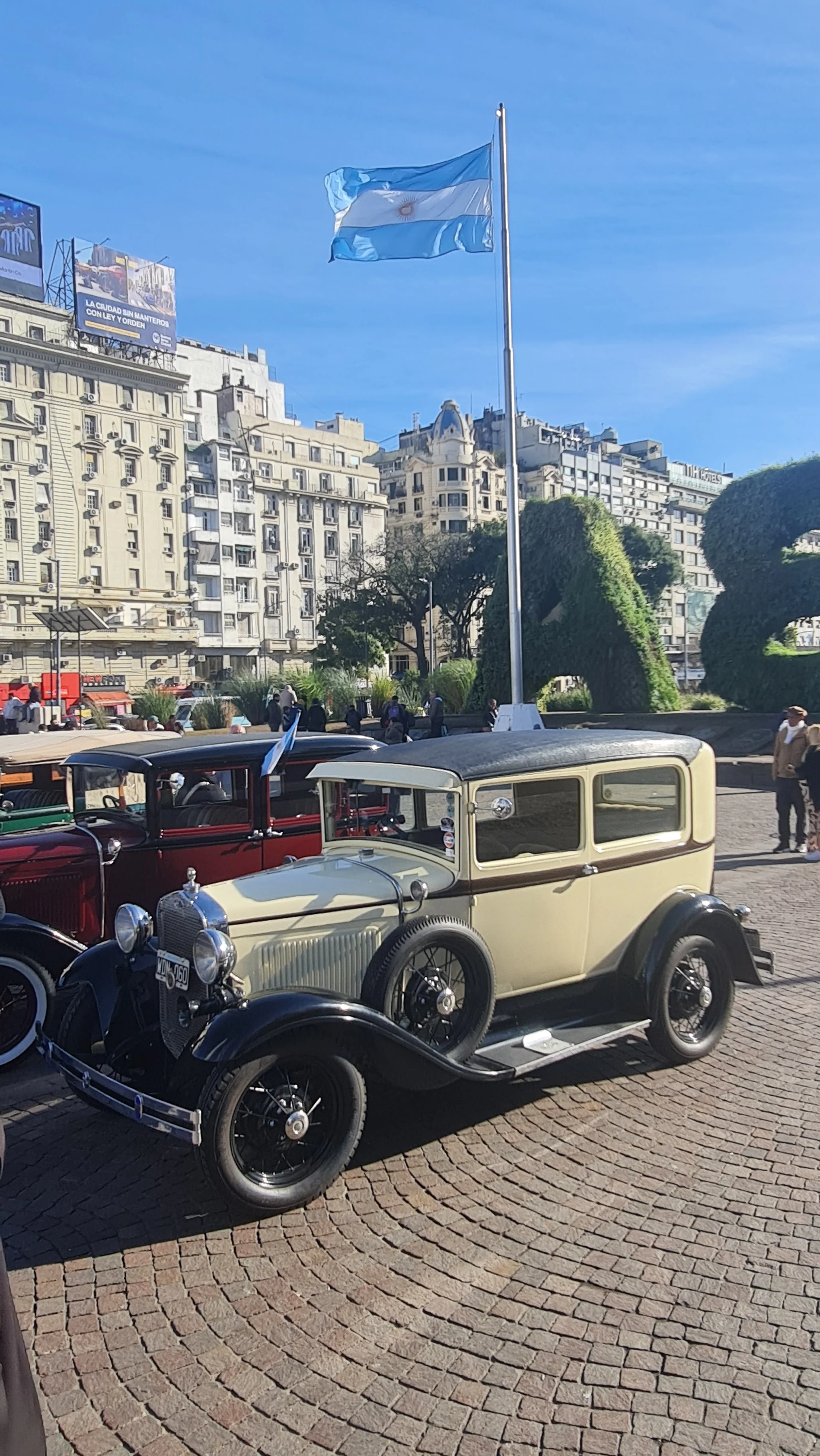 Coches clásicos en una plaza con bandera argentina ondeando en un mástil, edificios y árboles en el fondo.