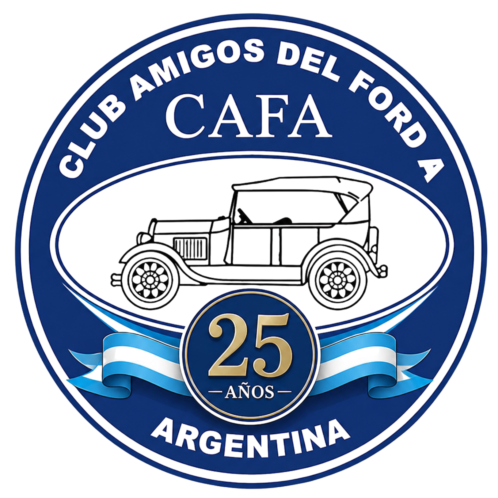 Escudo circular con fondo azul y blanco, con un automóvil antiguo en el centro, y texto que dice 'Club Amigos del Ford A', '25 años Argentina'.