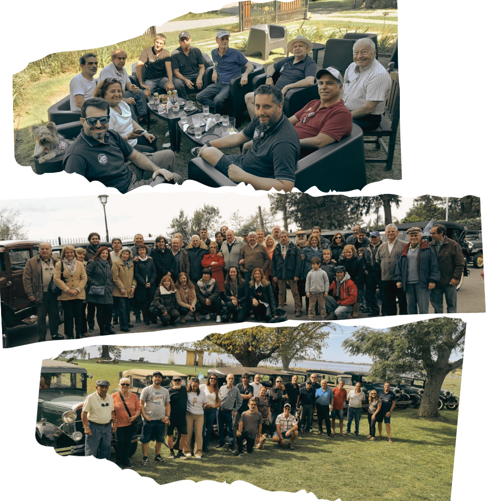 Grupo de personas en diferentes eventos al aire libre, con bebidas y autos antiguos.