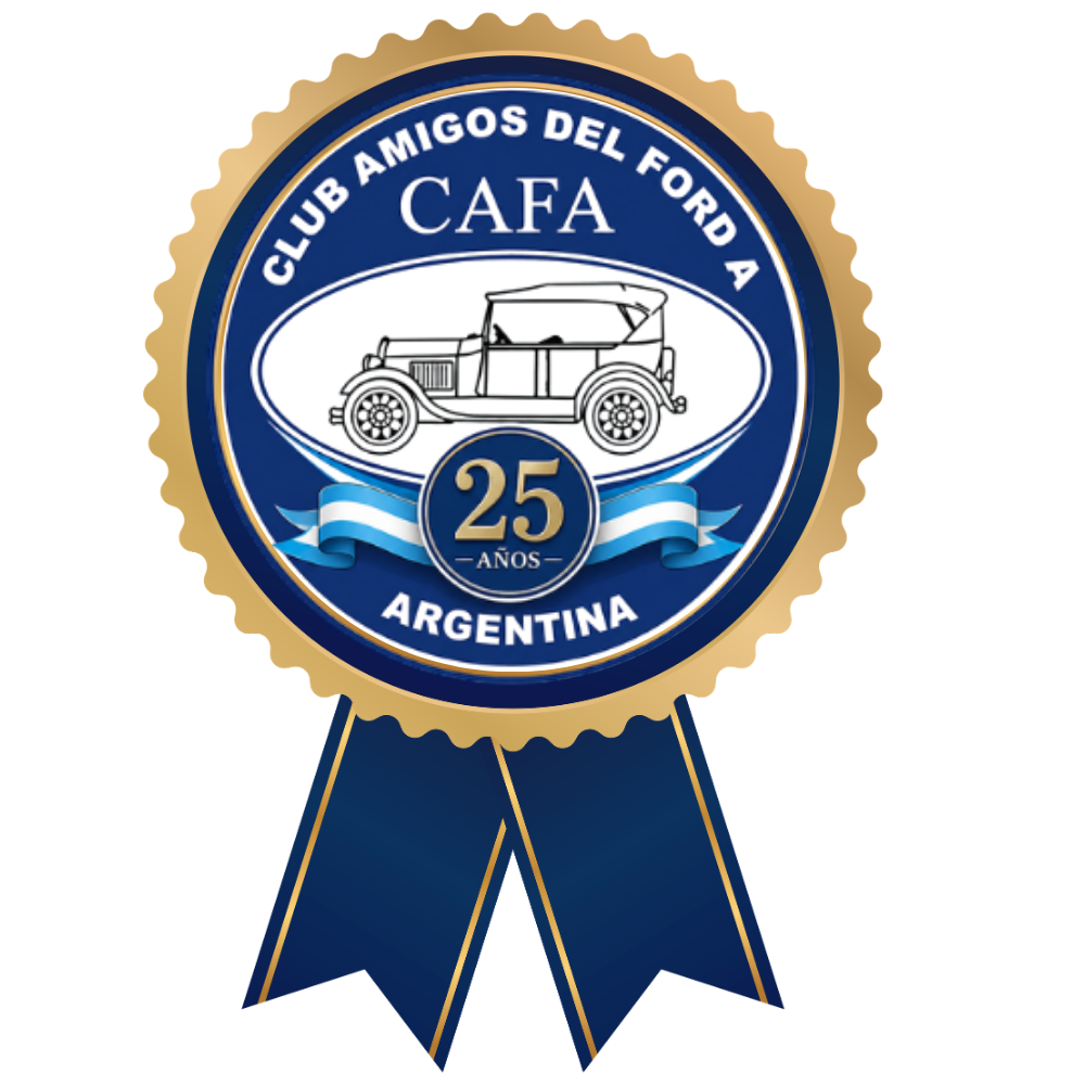 Medalla con la leyenda 'Club Amigos del Ford a Argentina, 25 años', con una imagen de un coche clásico y una cinta azul y blanca.