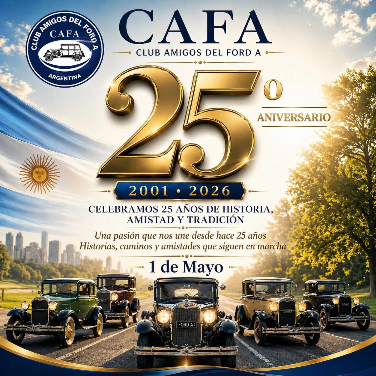 Cartel conmemorativo del 25° aniversario del Club Amigos del Ford A en Argentina, con autos clásicos en primer plano y la bandera de Argentina en el fondo, junto al logo del club y textos destacados.