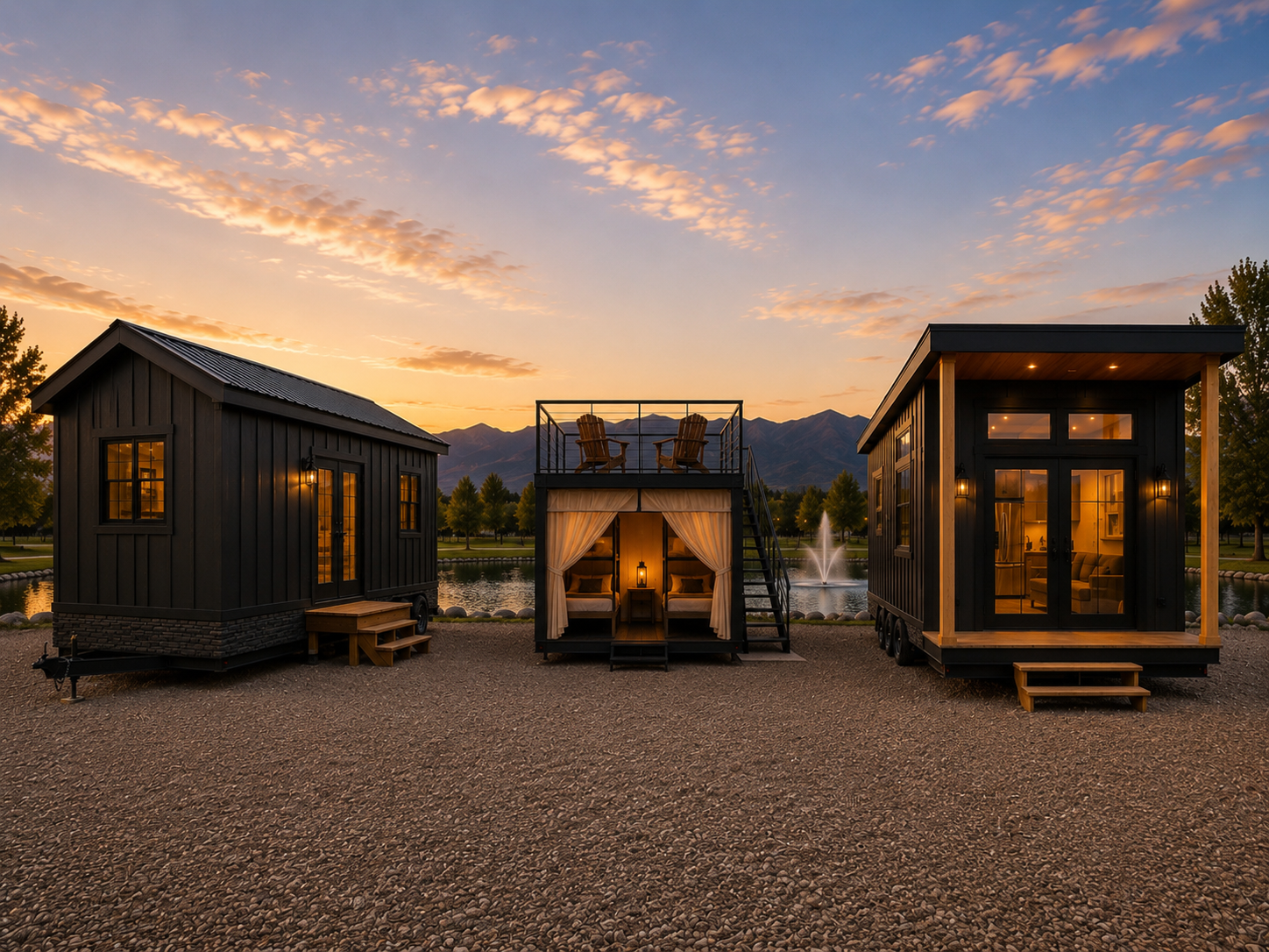 Tiny Homes with sunset on lake