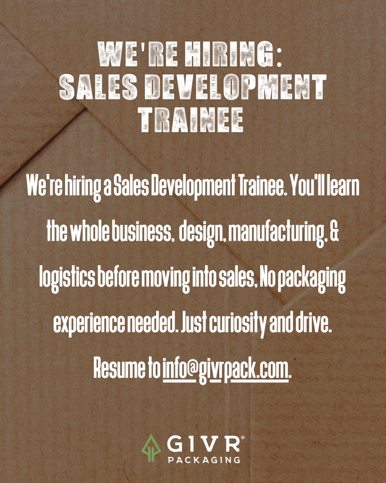 We're hiring a Sales Development Trainee. 📦 You'll learn the whole business!  Design, manufacturing, &amp; logistics, before moving into sales. No packaging experience needed. Just curiosity &amp; drive.
ㅤ
DM us to learn more!
Resume to info@givrpac