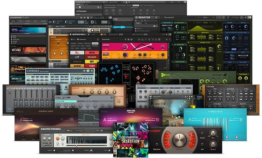 An image showing screenshots of all of the Native Instruments software plugins.