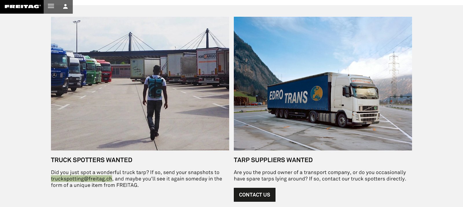 A screenshot showing Freitag's advertisement for staff and lorry tarpaulin suppliers.