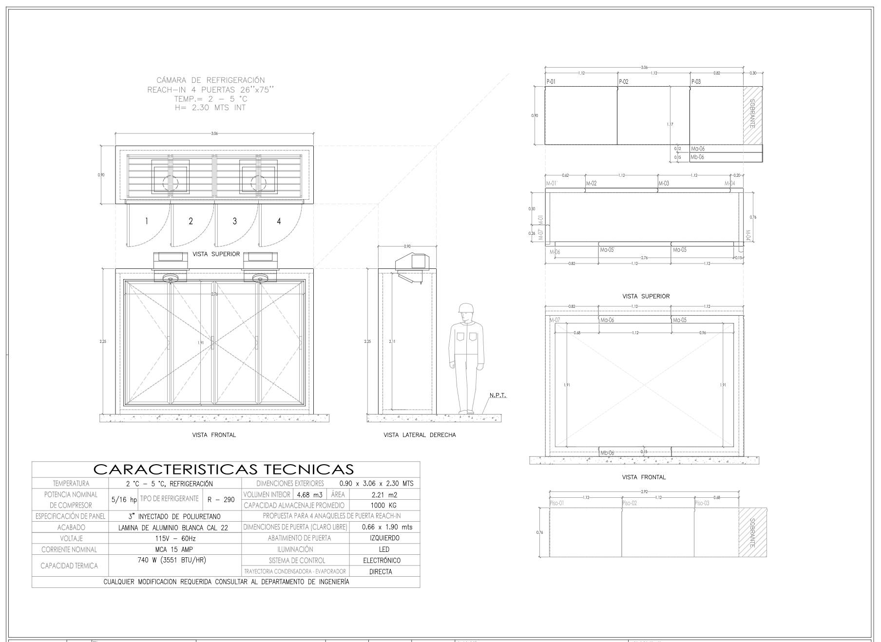Lay-Out de camara de refrigeración con vistas frontal y lateral, incluir detalles de puertas, dimensiones, y especificaciones técnicas.
