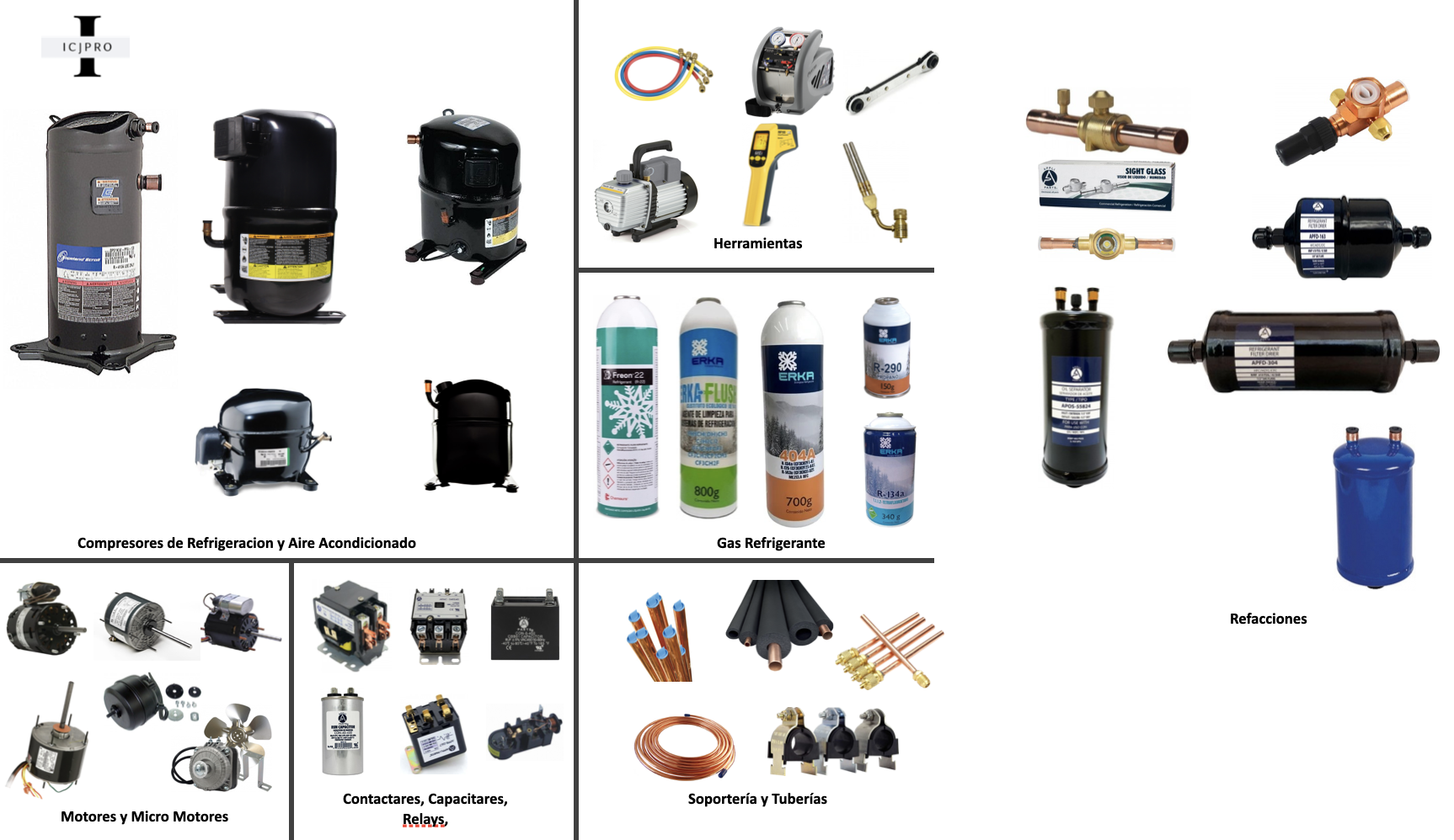 Conjunto de componentes de refrigeración incluyendo compresores, herramientas, gases refrigerantes, refacciones, motores, contactores, relays, tuercas, tuberías y otros accesorios.