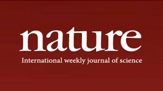 A graphic with white text on a dark red background that reads, "nature. International weekly journal of science."