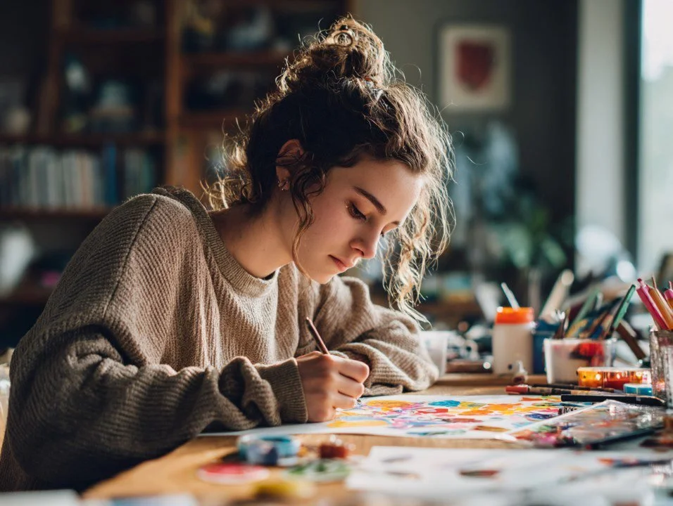 Young woman with curly hair painting at a cluttered desk in a warmly lit room.