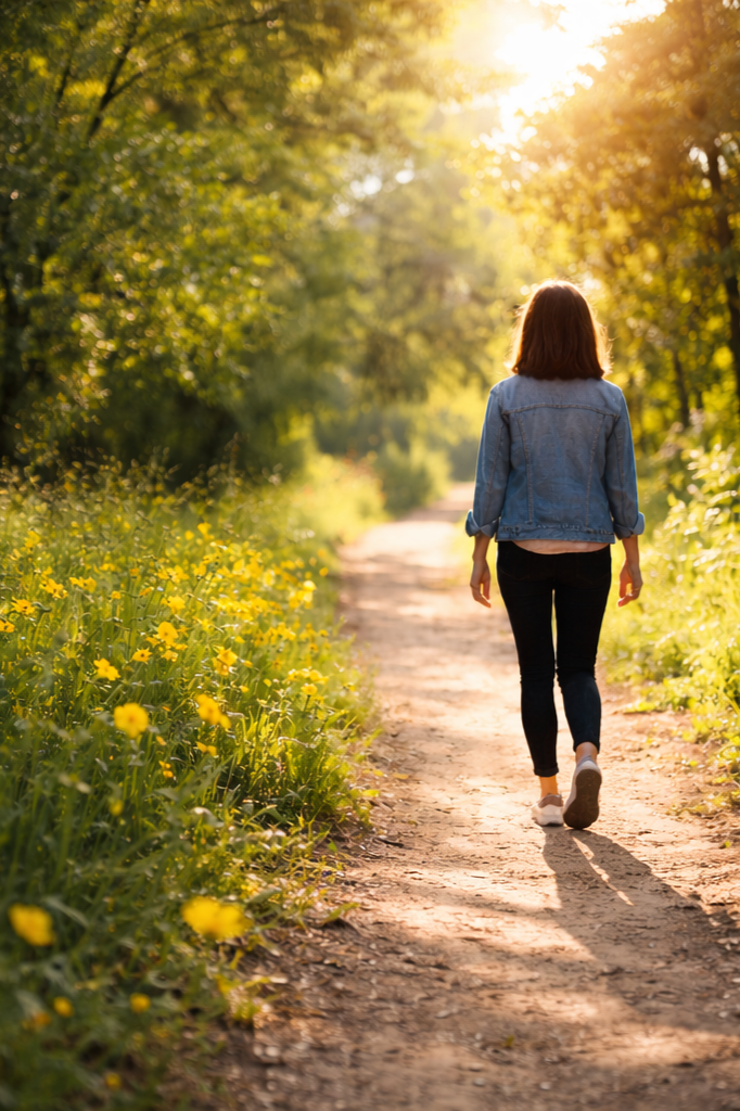 A woman walking on a dirt trail surrounded by green trees and yellow flowers during sunset.
