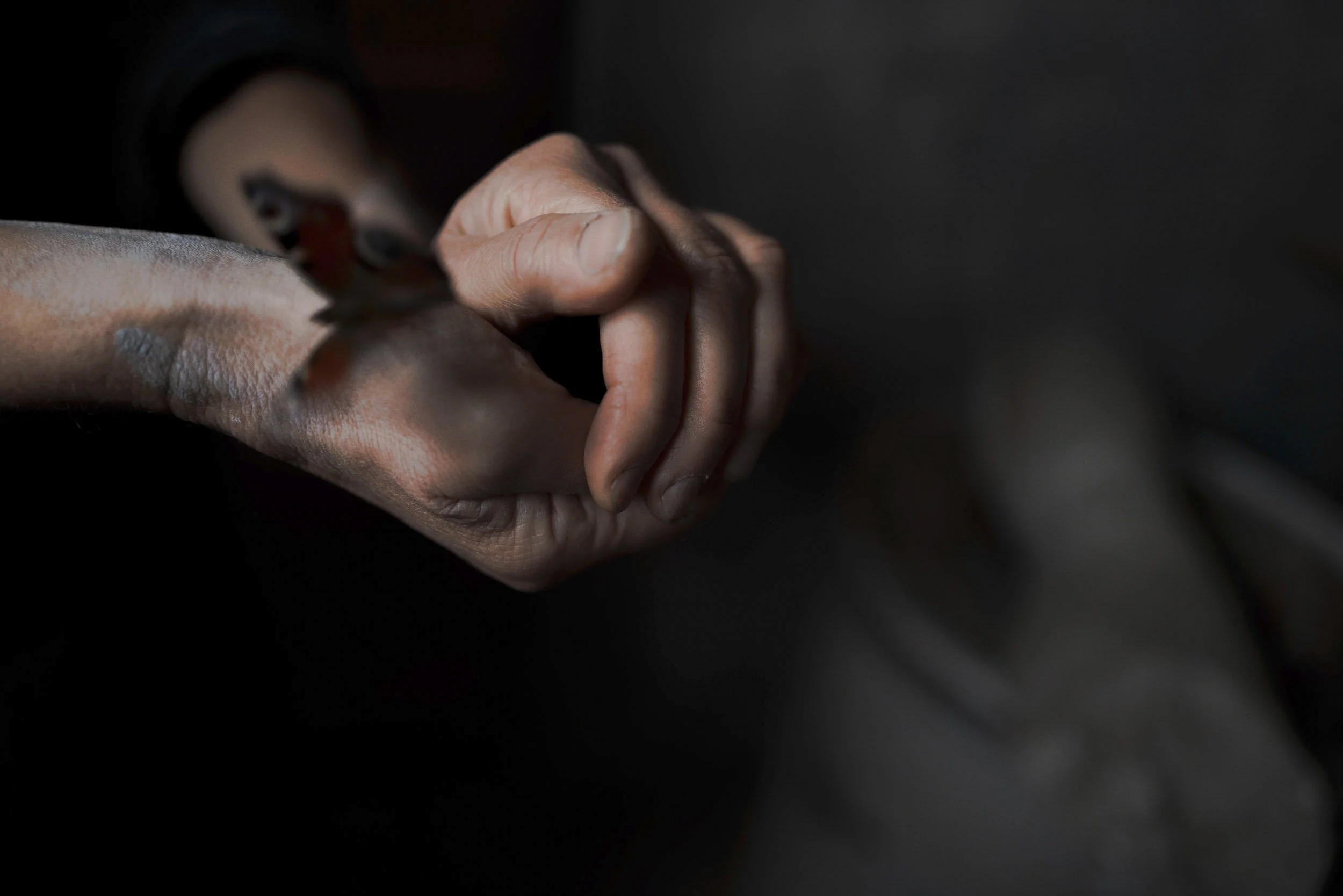 Nahaufnahme einer menschlichen Hand und einem Schmetterling, Fokus auf die Finger, dunkler Hintergrund.