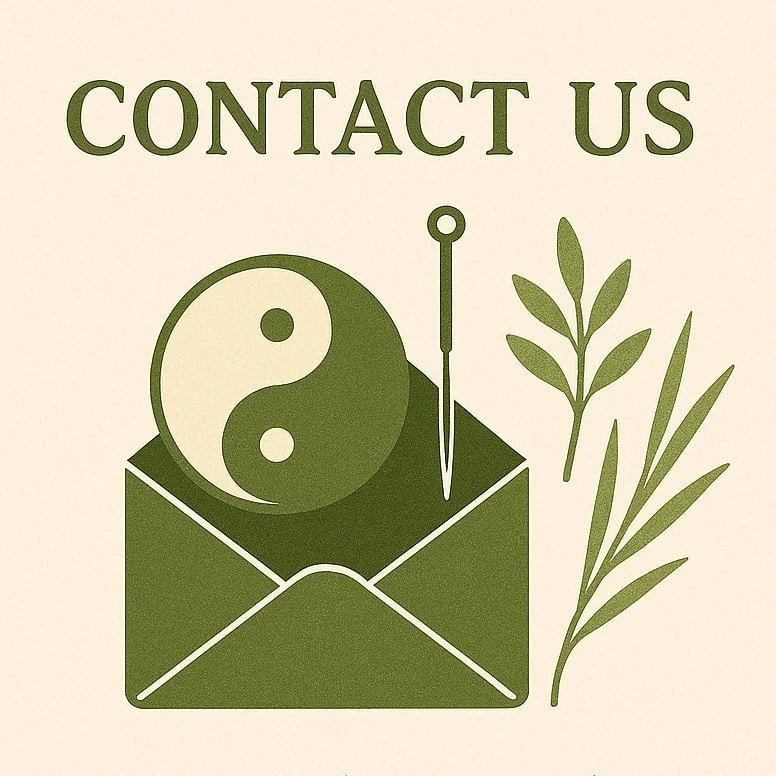 Graphic with the text “CONTACT US”, a yin-yang symbol, envelope, flowers and a plant in shades of green.