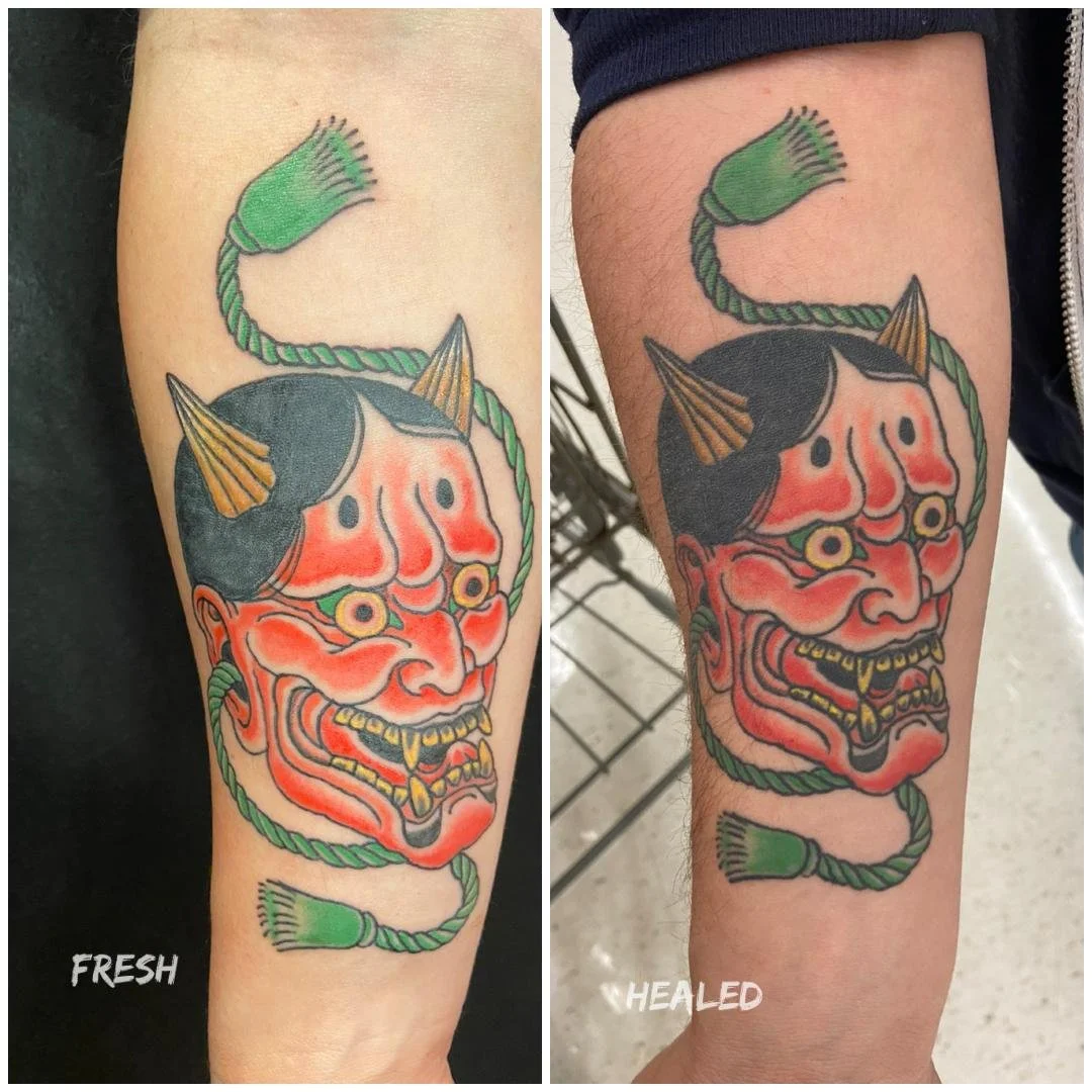 Healed Hanya Mask Japanese Tattoo made in West Babylon Long Island New York