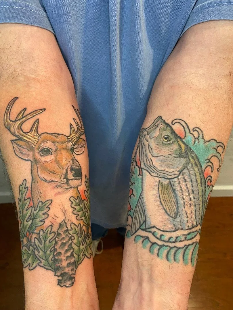Neotraditional Tattoo of a Whitetail Buck and a Striped Bass made in West Babylon, Long Island, New York