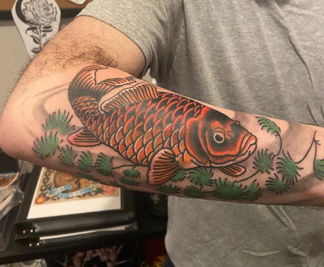 Japanese Tattoo of a Goldfish. My clients pet in the style of a Koi. Made in West Babylon Long Island New York