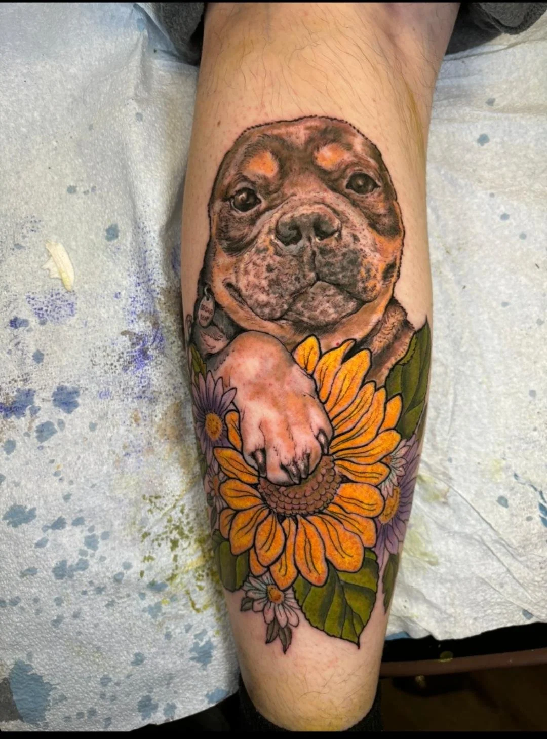 Pet Portrait Tattoo with some Neo Traditional Flowers made in Cranston Rhode Island