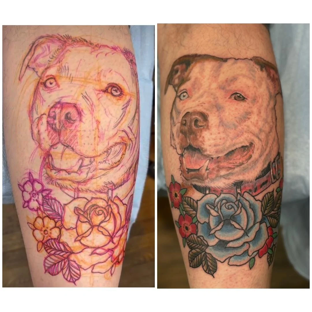 Pet Portrait Tattoo with some Traditional Flower elements made in Provincetown Massachusetts