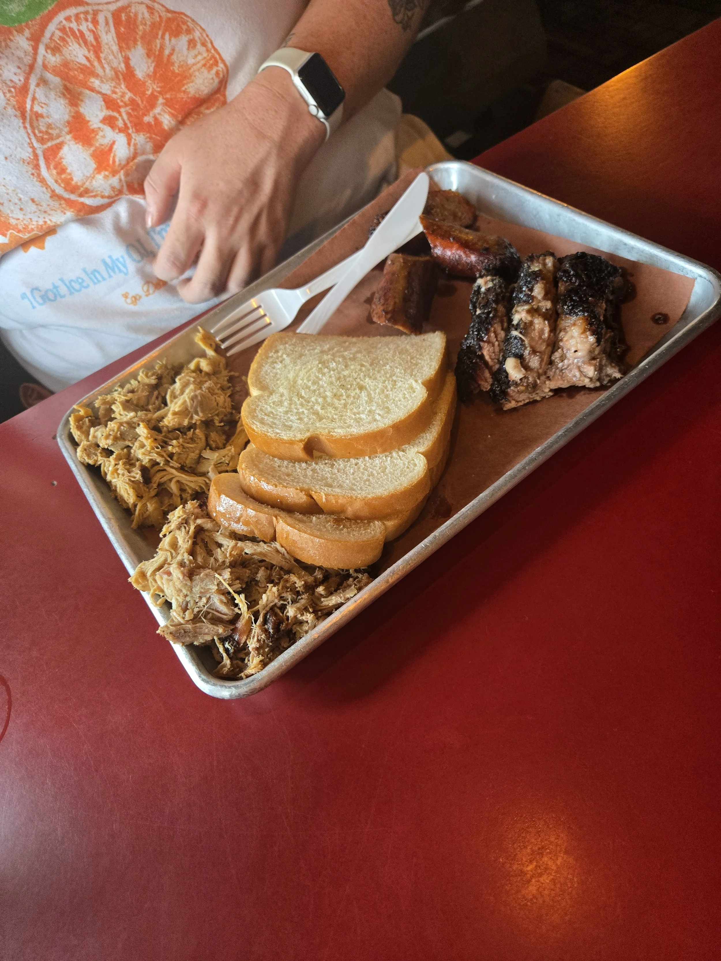The Sampler (pulled chicken, pulled pork, smoked sausage, and brisket) from Rowdy's Smokehouse (Jackson, OH) - Always stop here if you can!